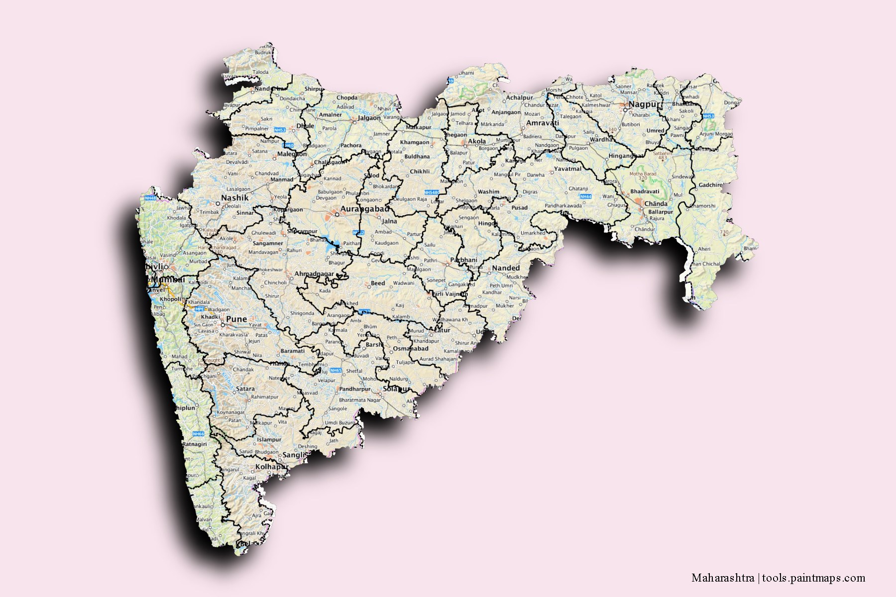 Maharashtra and counties map with 3D shadow effect