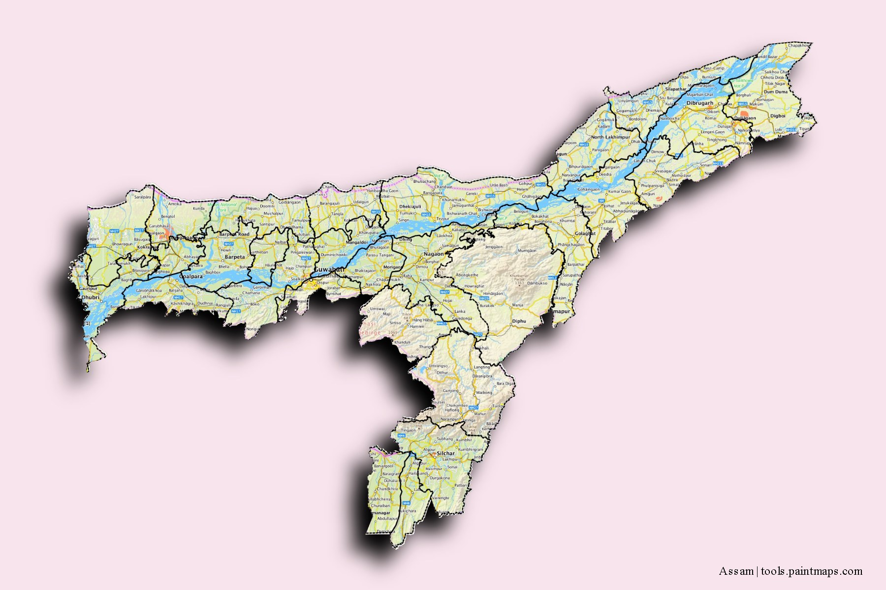 Assam and counties map with 3D shadow effect