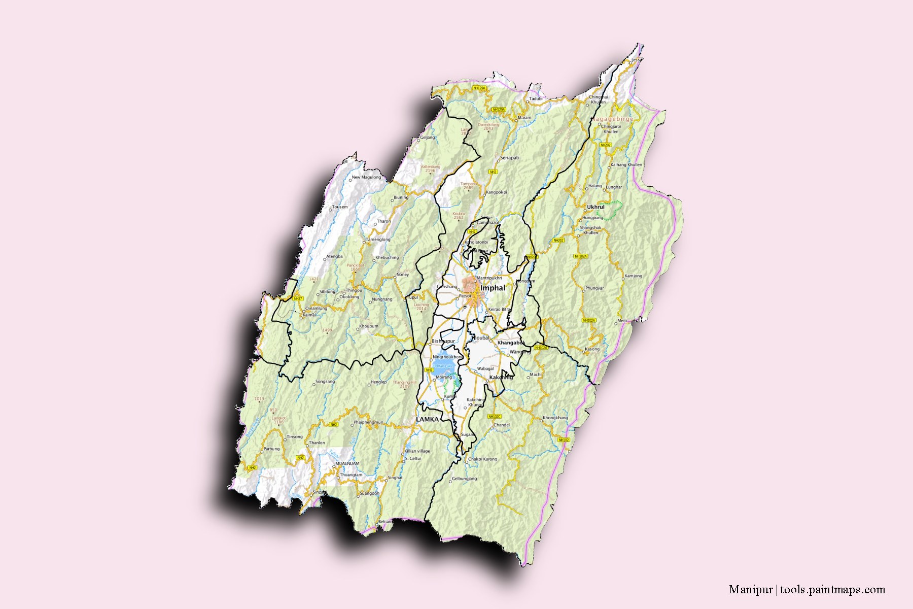 Manipur and counties map with 3D shadow effect