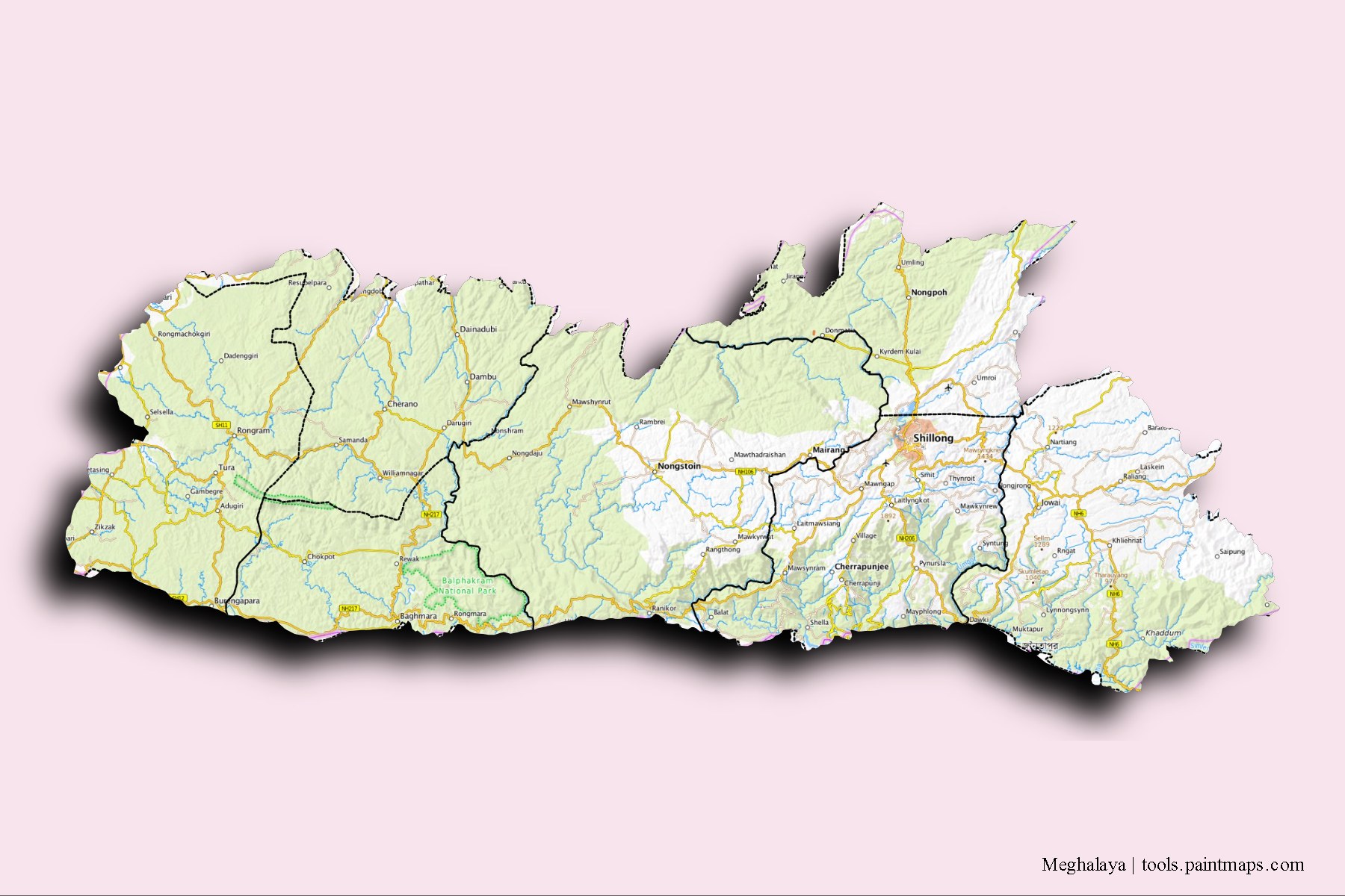 Meghalaya and counties map with 3D shadow effect