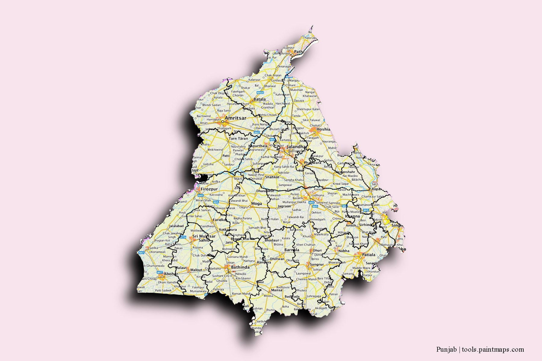 Punjab and counties map with 3D shadow effect