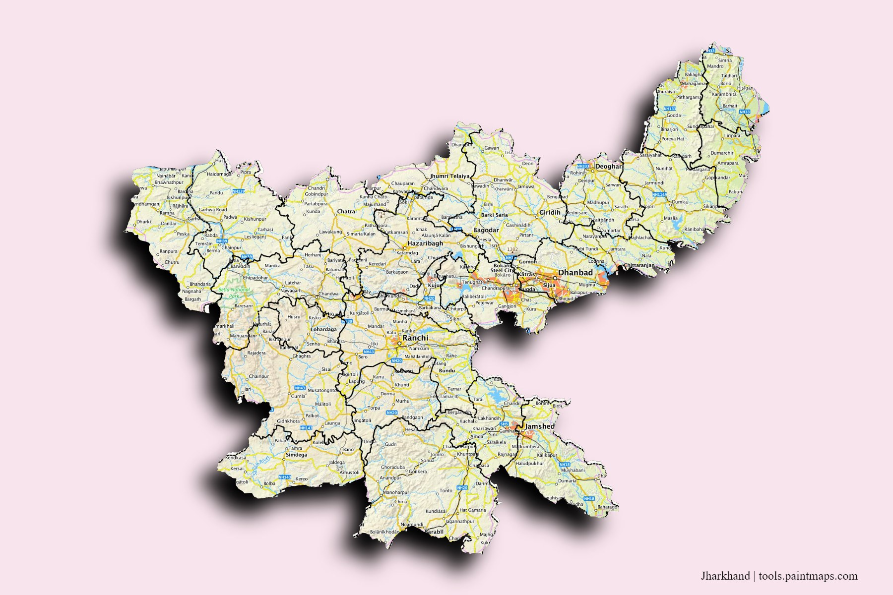 Jharkhand and counties map with 3D shadow effect