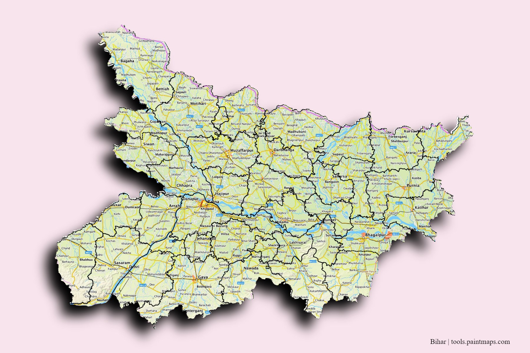 Bihar and counties map with 3D shadow effect