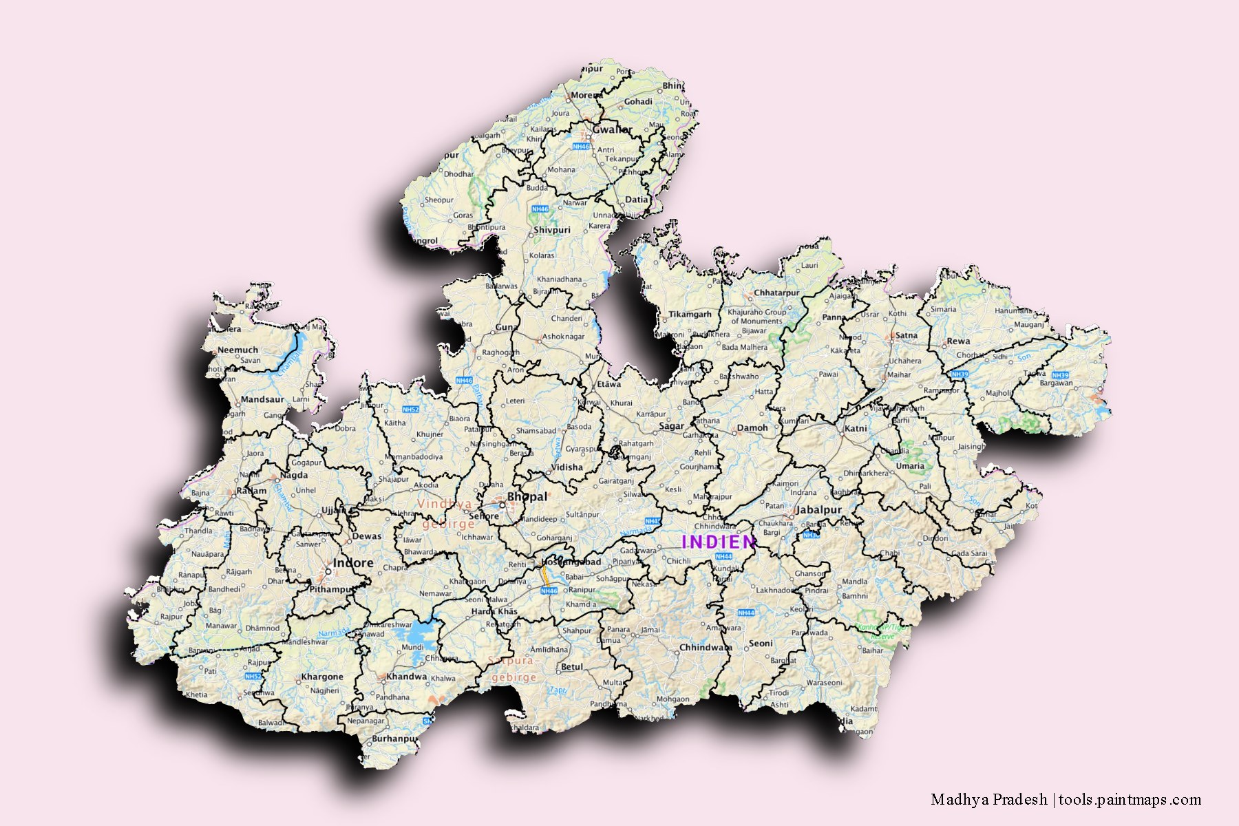 Madhya Pradesh and counties map with 3D shadow effect