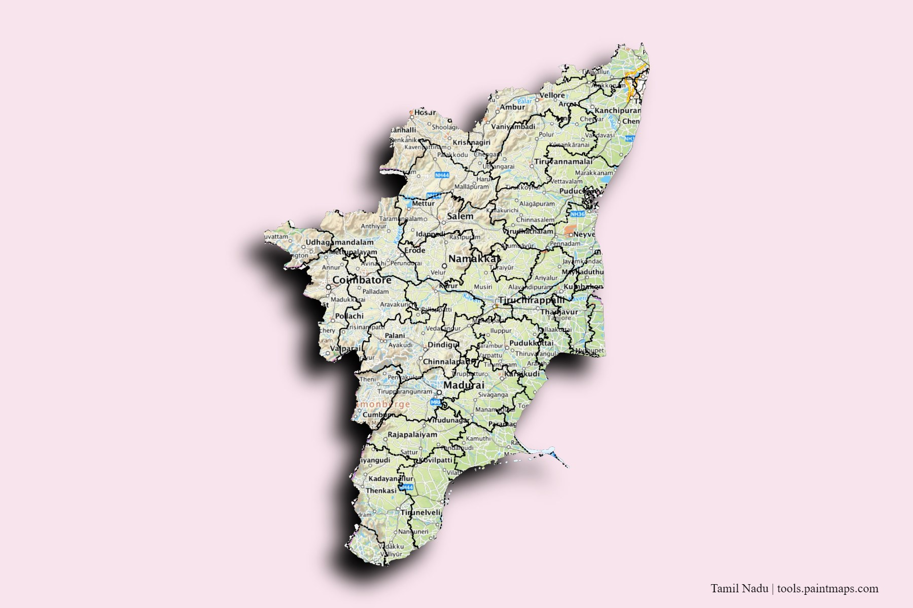 Tamil Nadu and counties map with 3D shadow effect