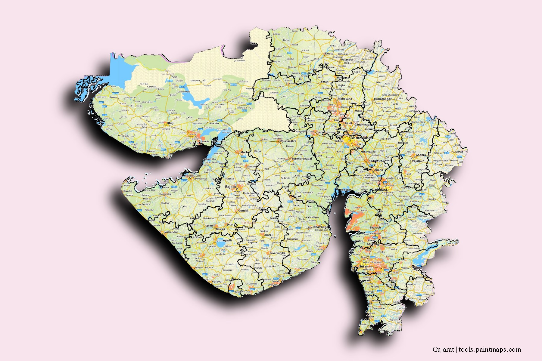 Gujarat and counties map with 3D shadow effect