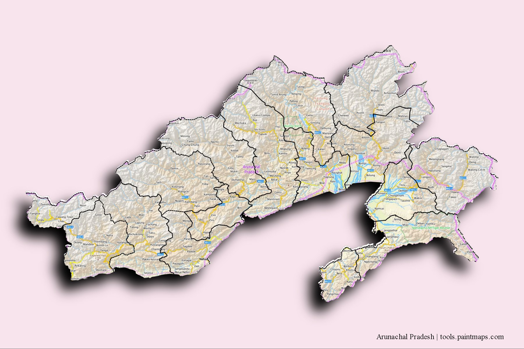 Mapa de Arunachal Pradesh y sus distritos con efecto de sombra 3D