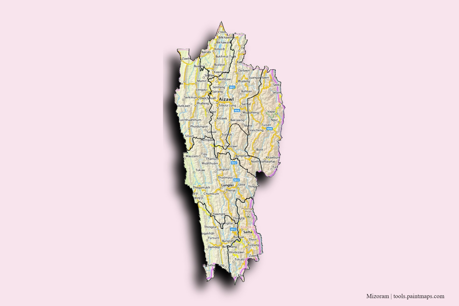 Mizoram and counties map with 3D shadow effect