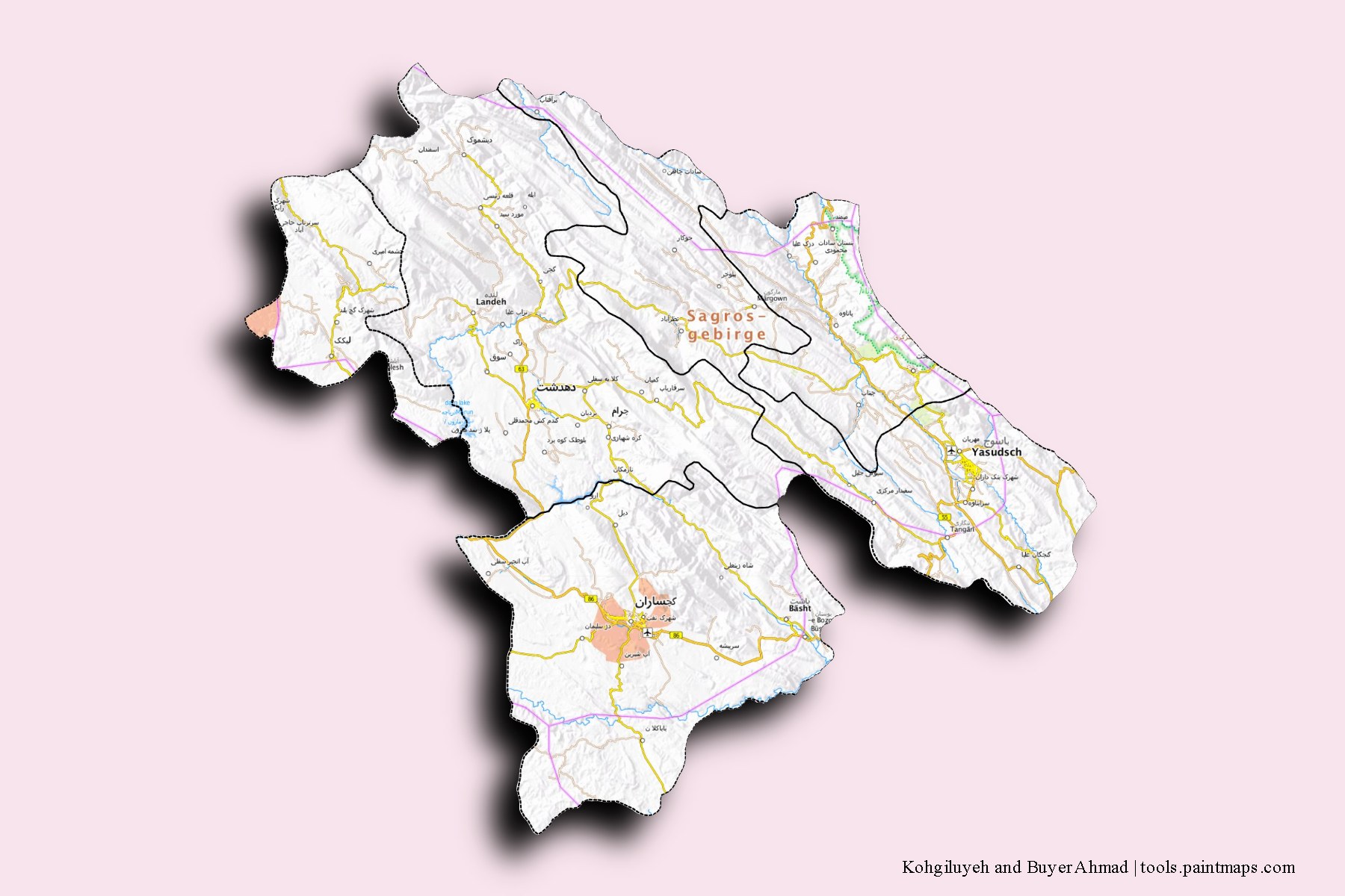 Mapa de Kohgiluyeh and Buyer Ahmad y sus distritos con efecto de sombra 3D