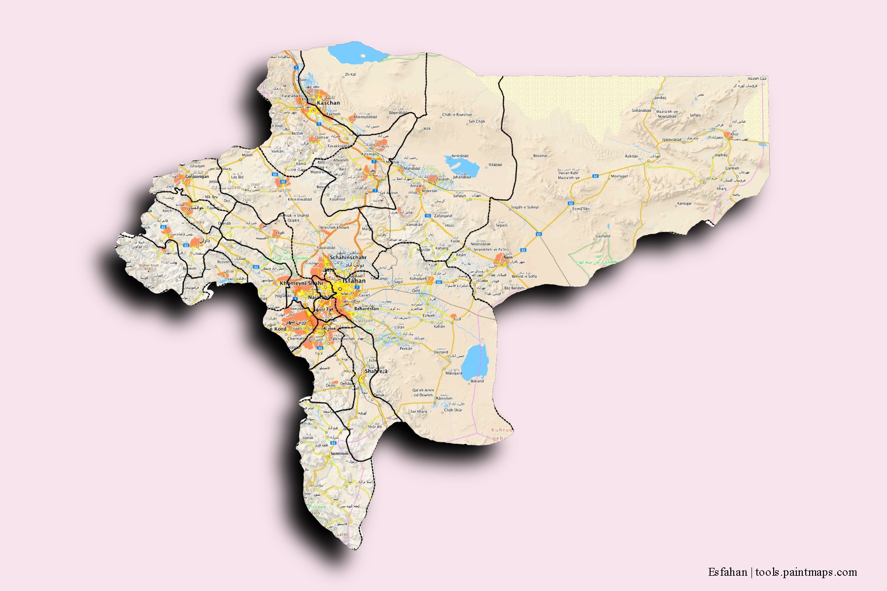 Esfahan and counties map with 3D shadow effect