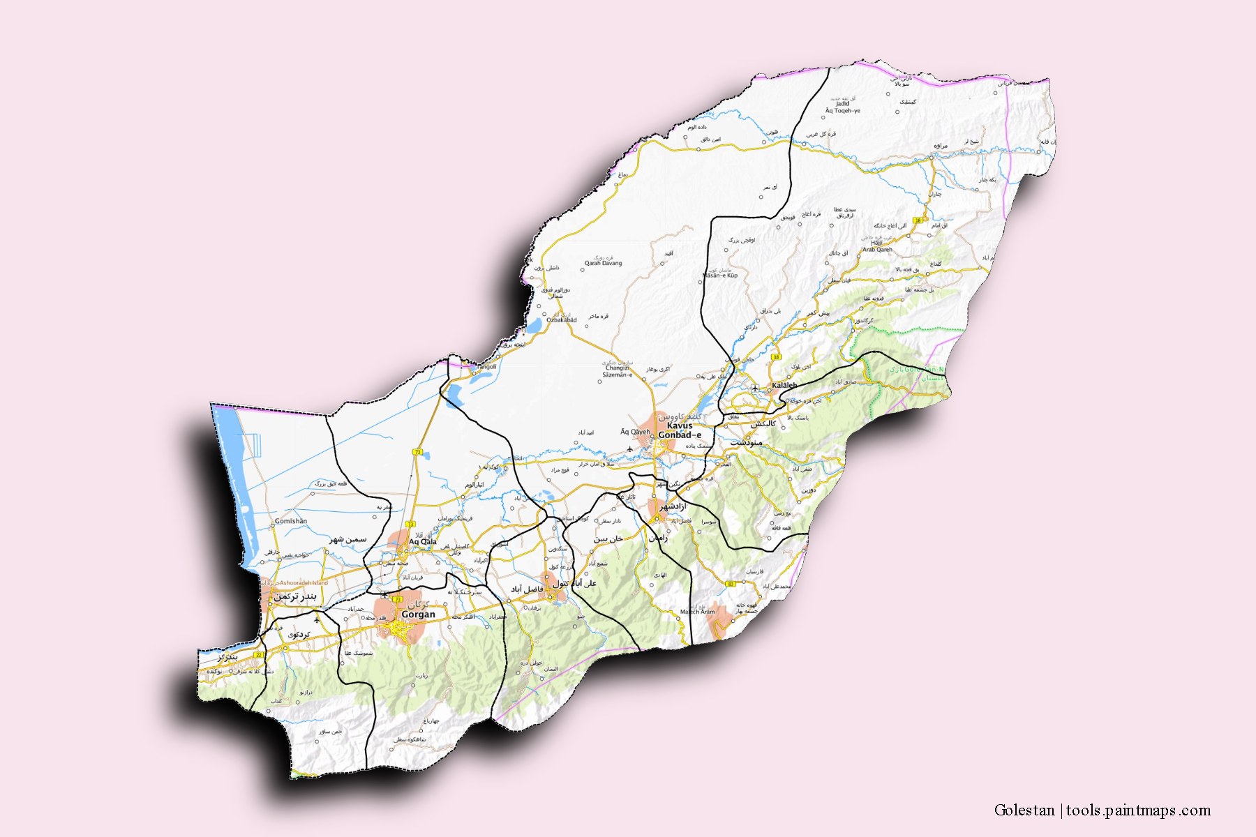 Golestan and counties map with 3D shadow effect