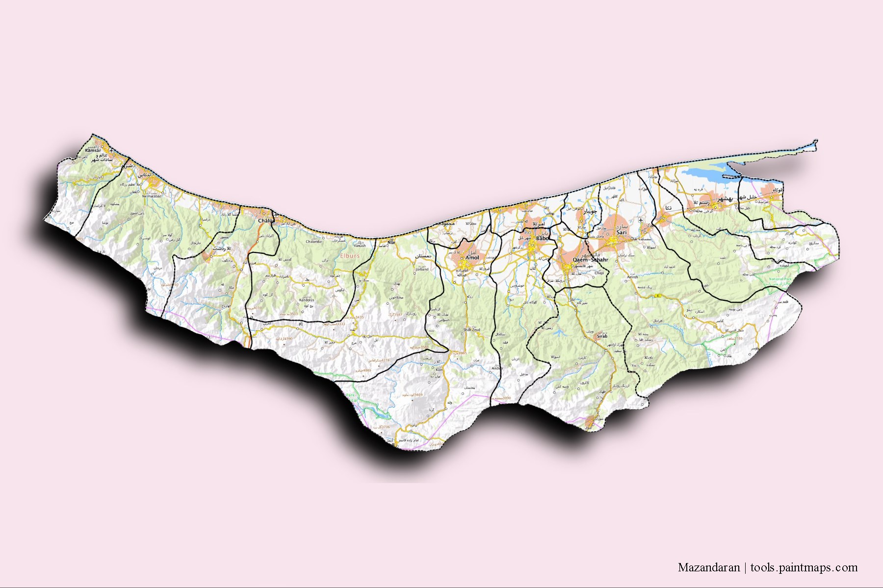 Mazandaran and counties map with 3D shadow effect