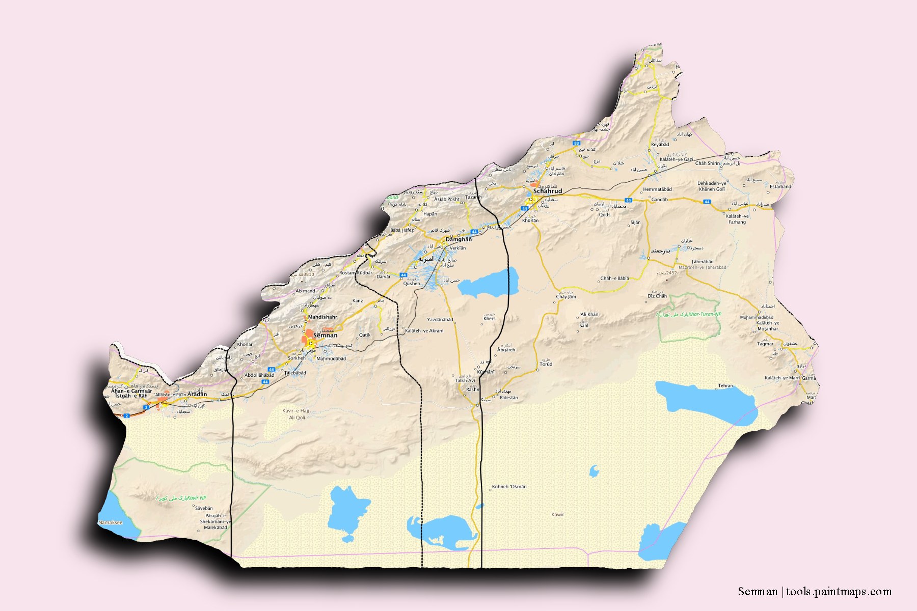 Mapa de Semnan y sus distritos con efecto de sombra 3D