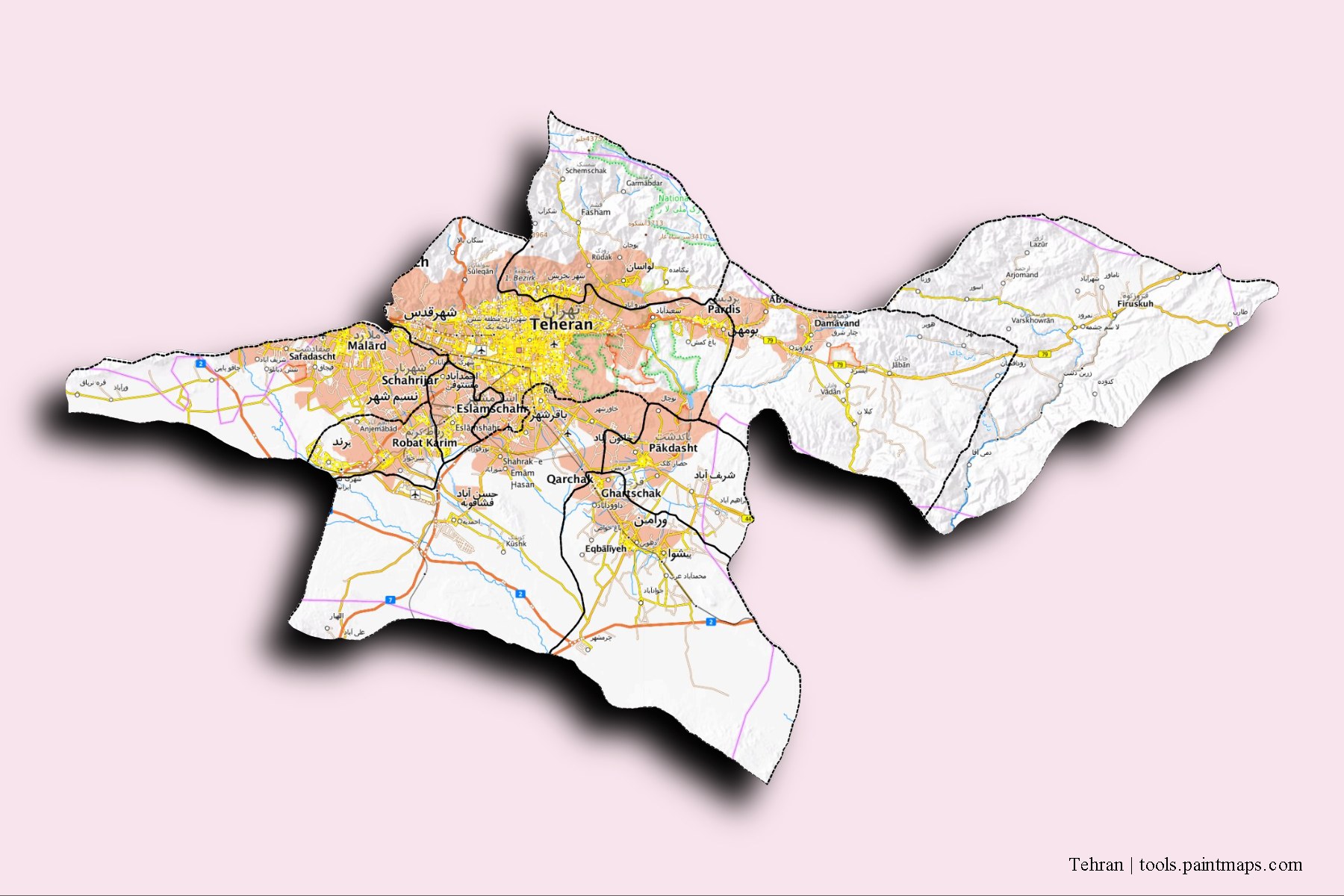 Tehran and counties map with 3D shadow effect