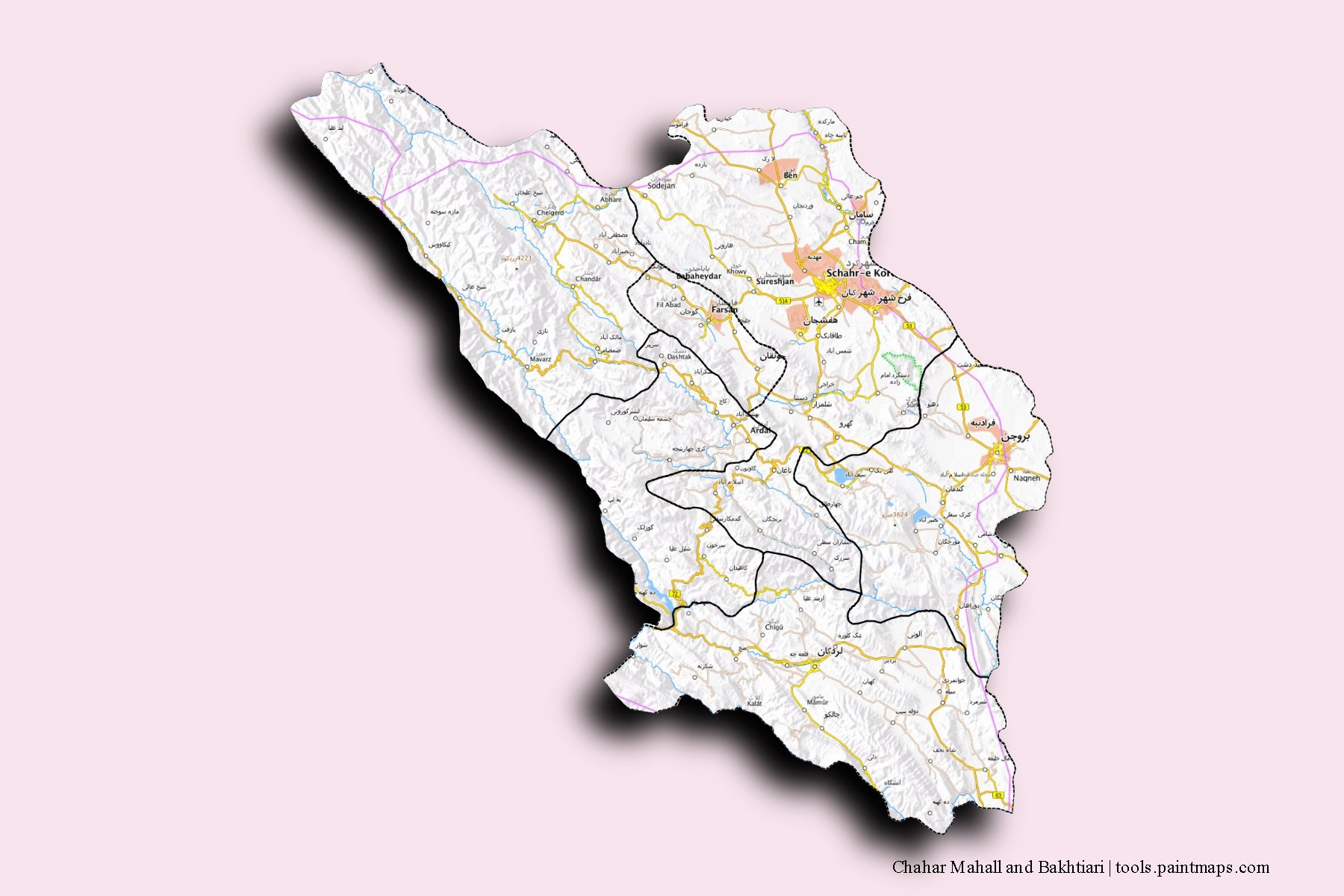 3D gölge efektli Çaharmahal ve Bahtiyari Eyaleti ve ilçeleri haritası