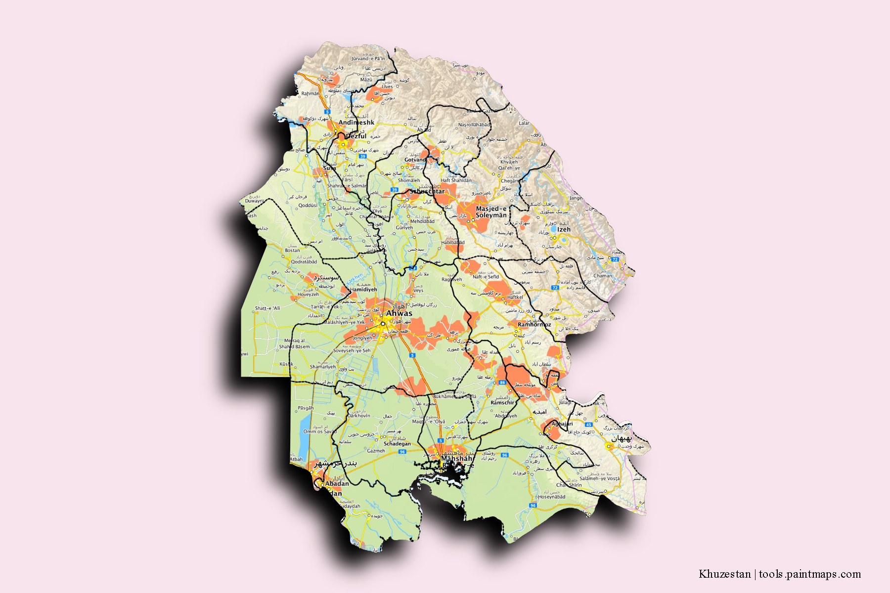 3D gölge efektli Huzistan Eyaleti ve ilçeleri haritası
