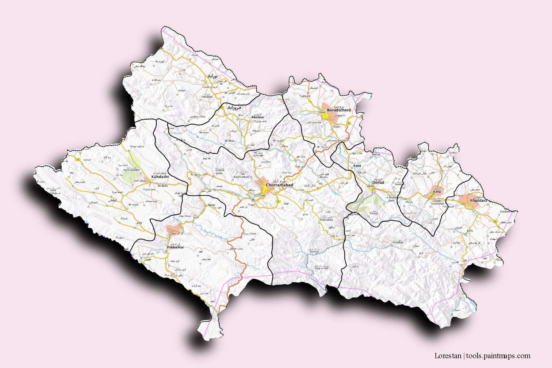 Mapa de Lorestan y sus distritos con efecto de sombra 3D