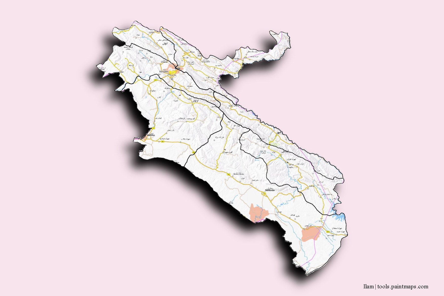 Ilam and counties map with 3D shadow effect