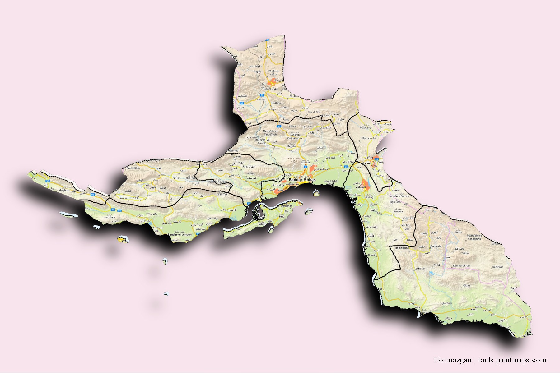 Hormozgan and counties map with 3D shadow effect