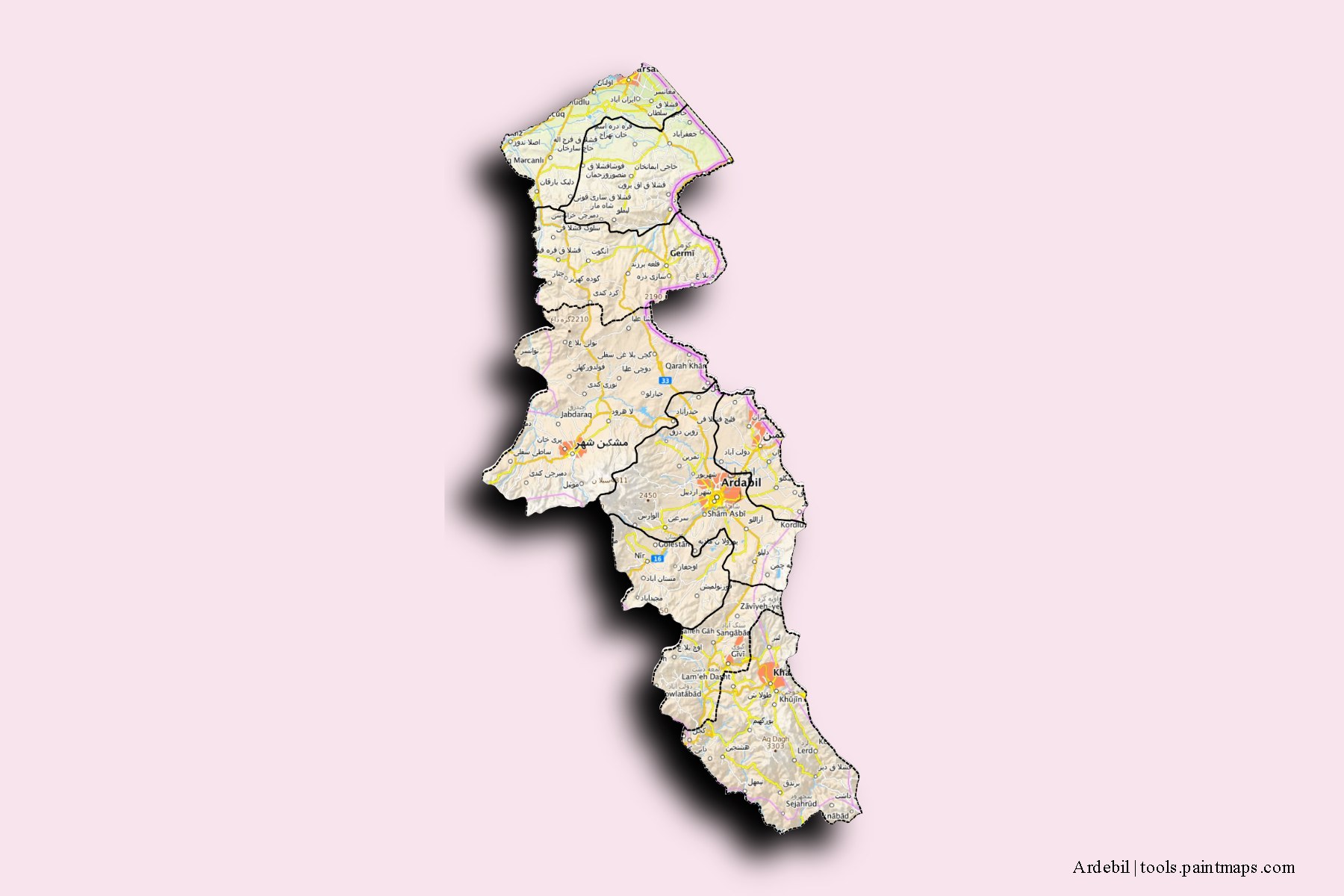 Ardabil and counties map with 3D shadow effect