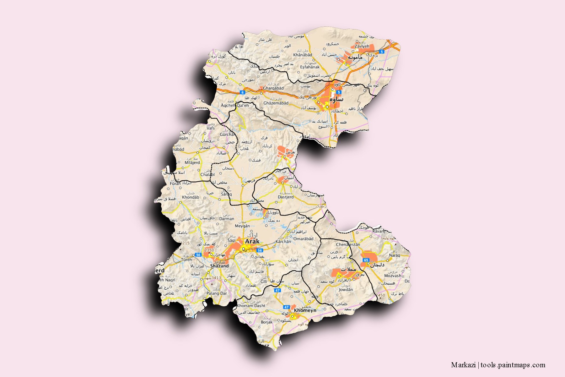 Markazi and counties map with 3D shadow effect