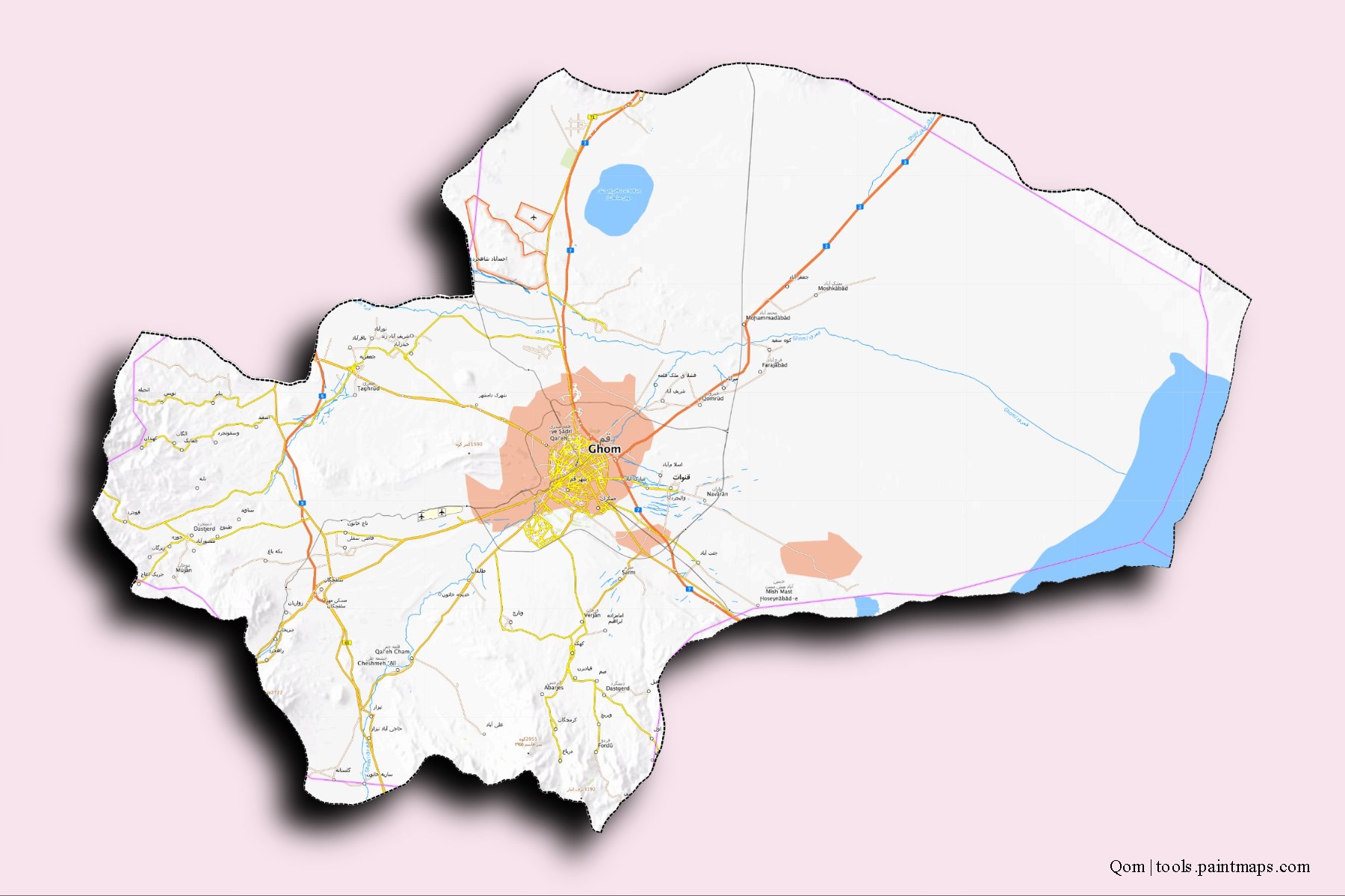 Qom and counties map with 3D shadow effect