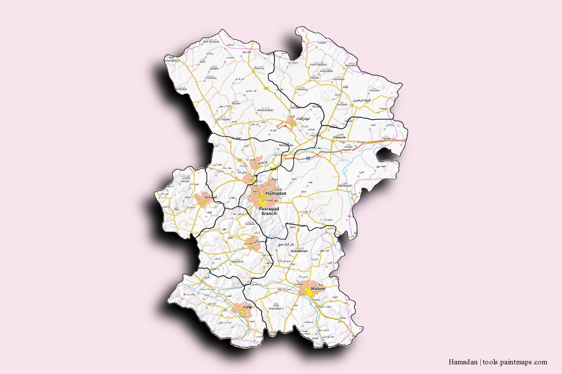 Hamadan and counties map with 3D shadow effect