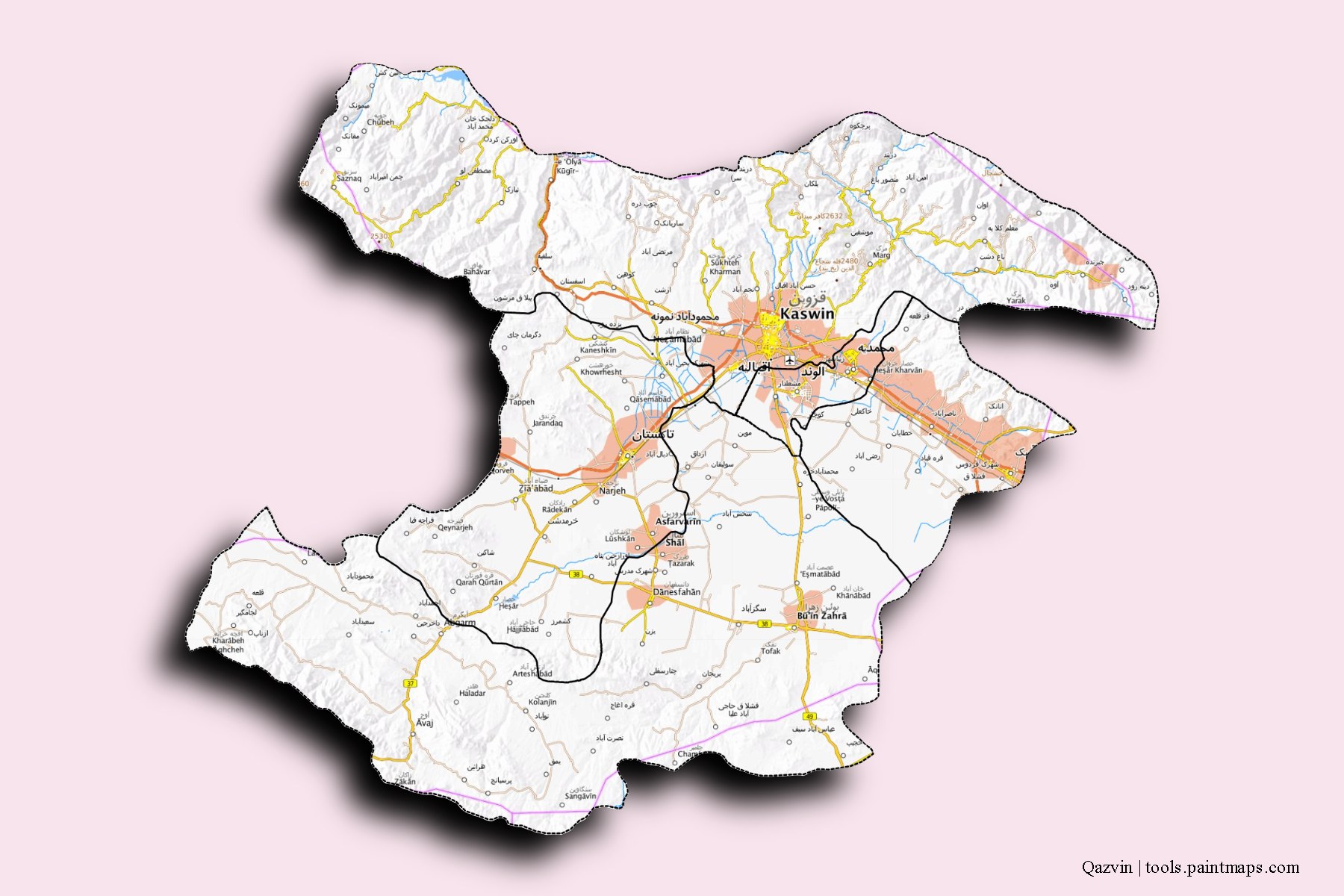 Qazvin and counties map with 3D shadow effect