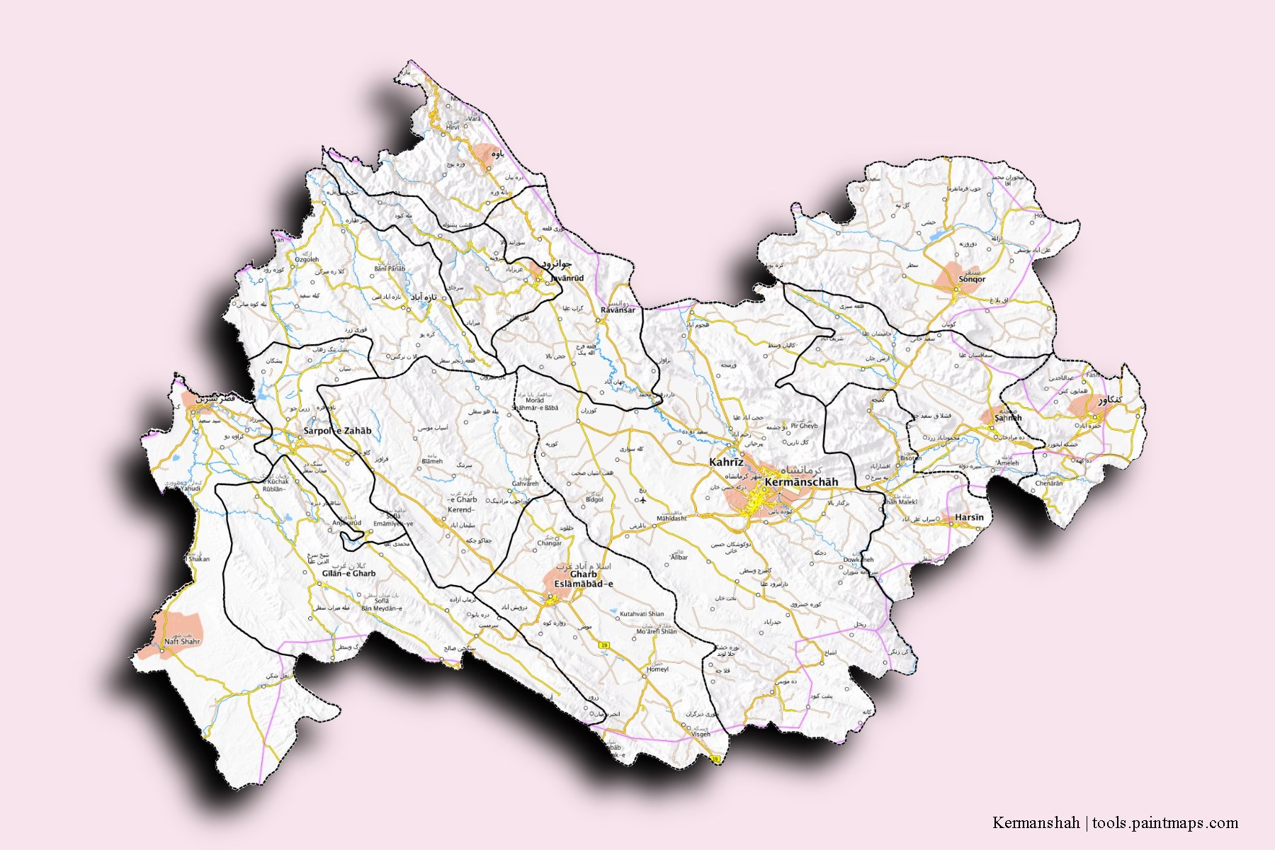 3D gölge efektli Kirmanşah Eyaleti ve ilçeleri haritası