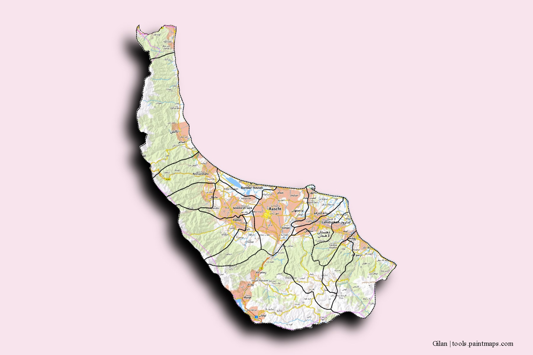 Gilan and counties map with 3D shadow effect