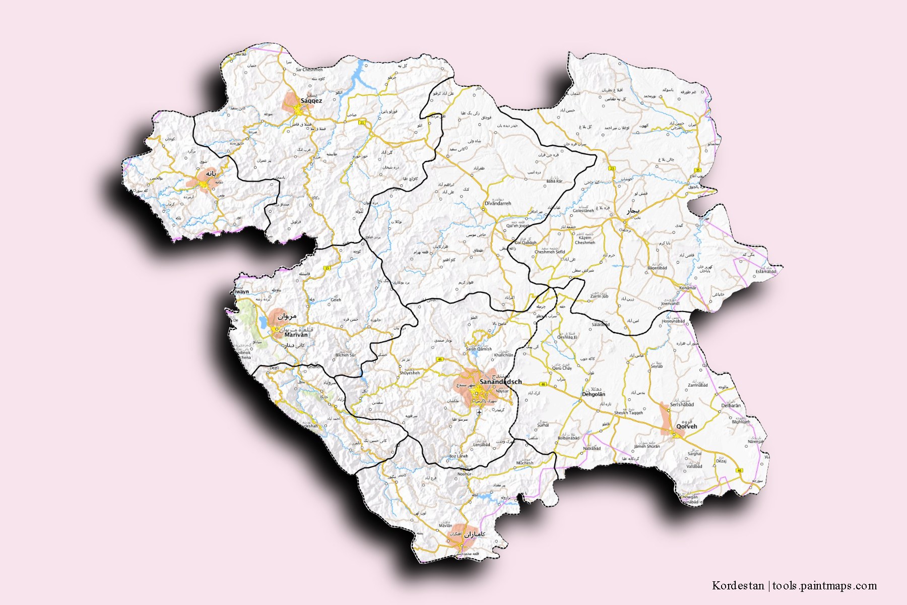 Mapa de Kordestan y sus distritos con efecto de sombra 3D