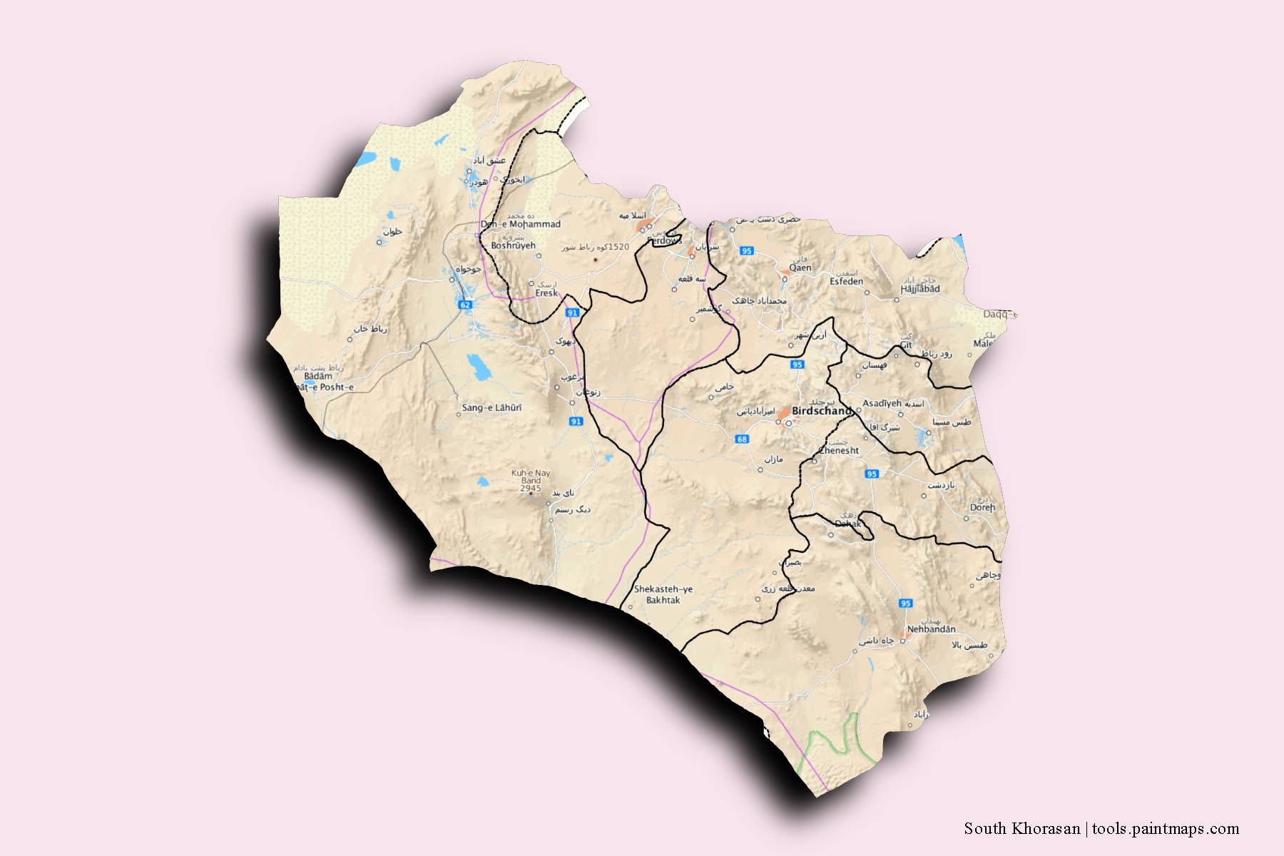 South Khorasan and counties map with 3D shadow effect