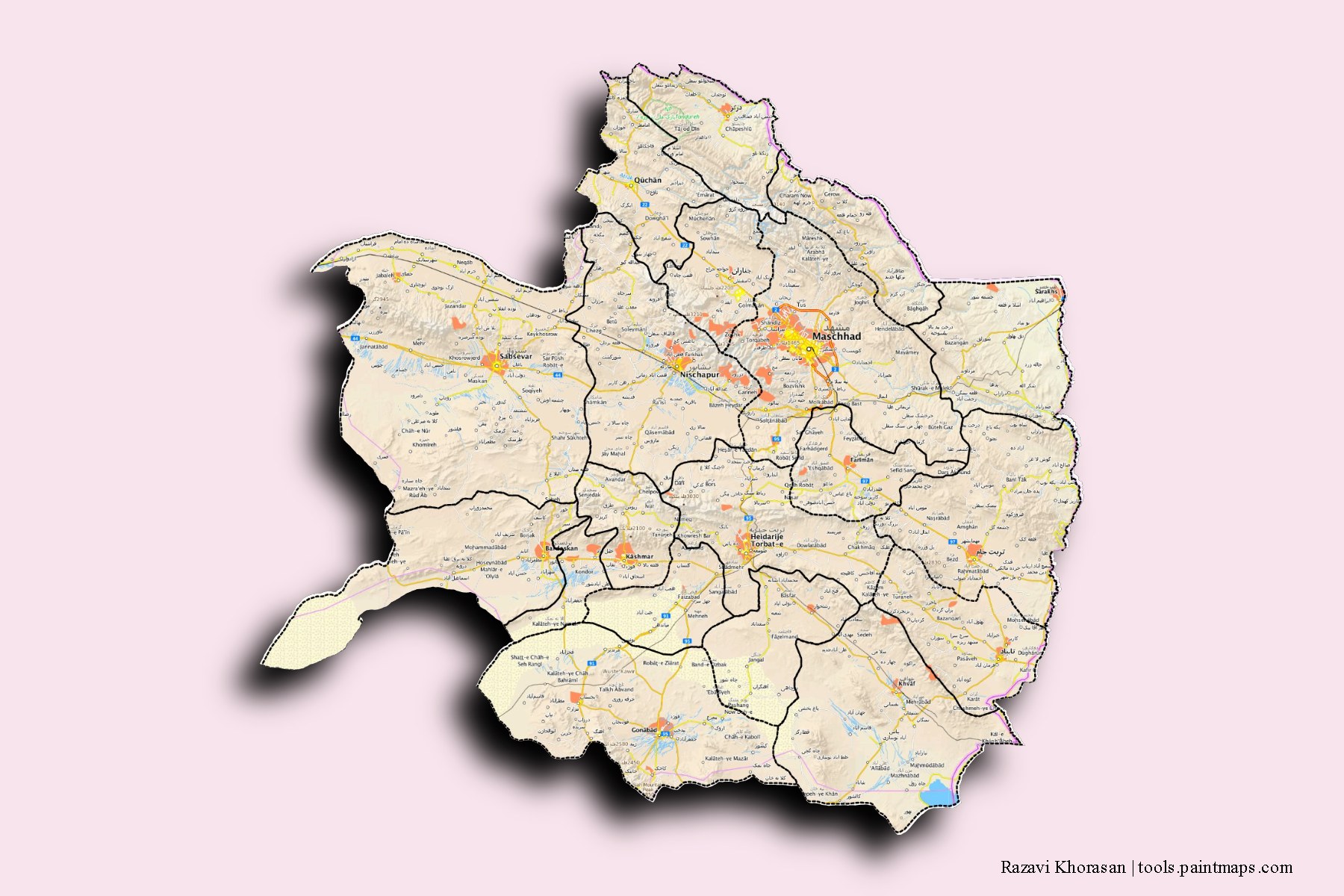 Mapa de Razavi Khorasan y sus distritos con efecto de sombra 3D