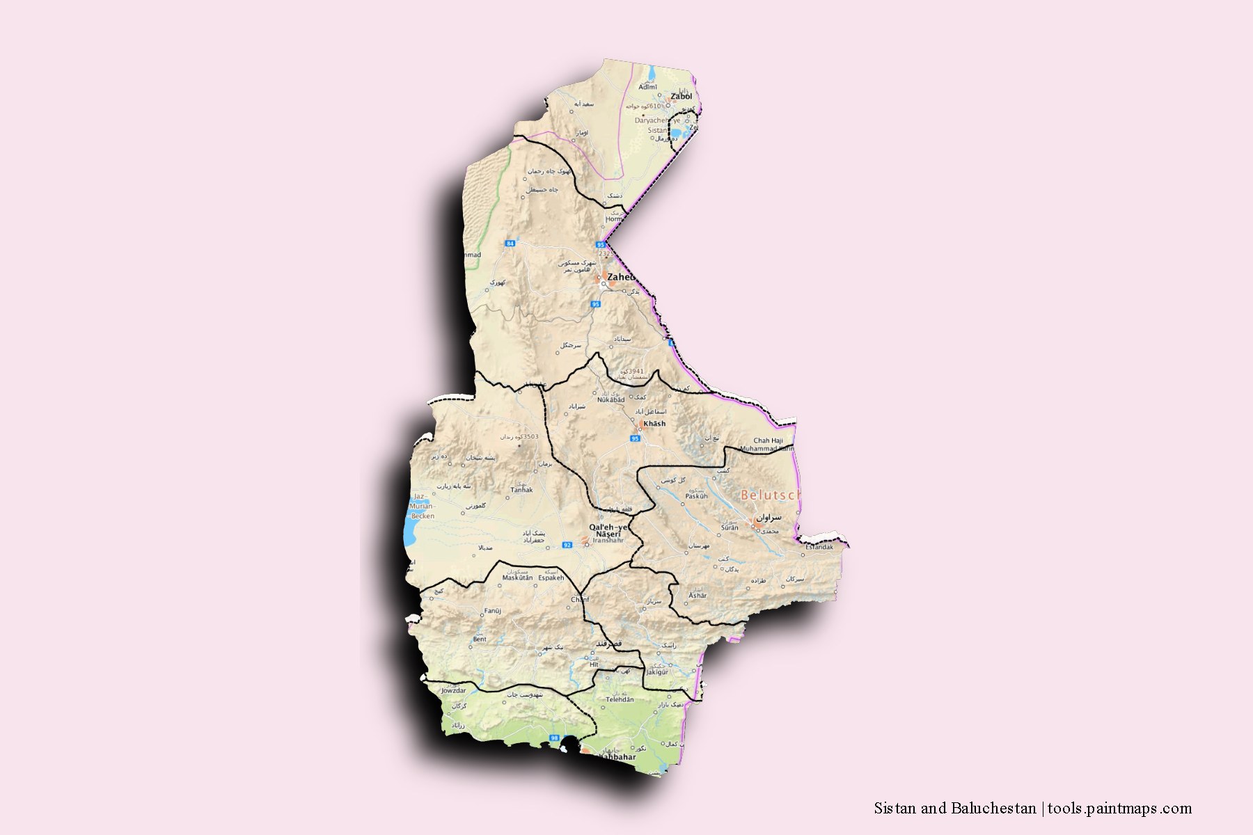 Sistan va Baluchestan and counties map with 3D shadow effect