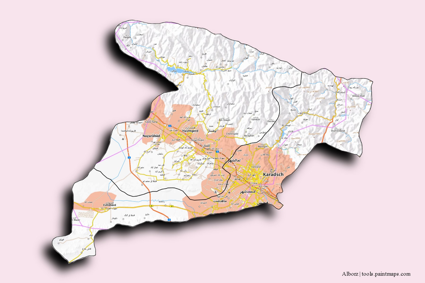 Mapa de Alborz y sus distritos con efecto de sombra 3D