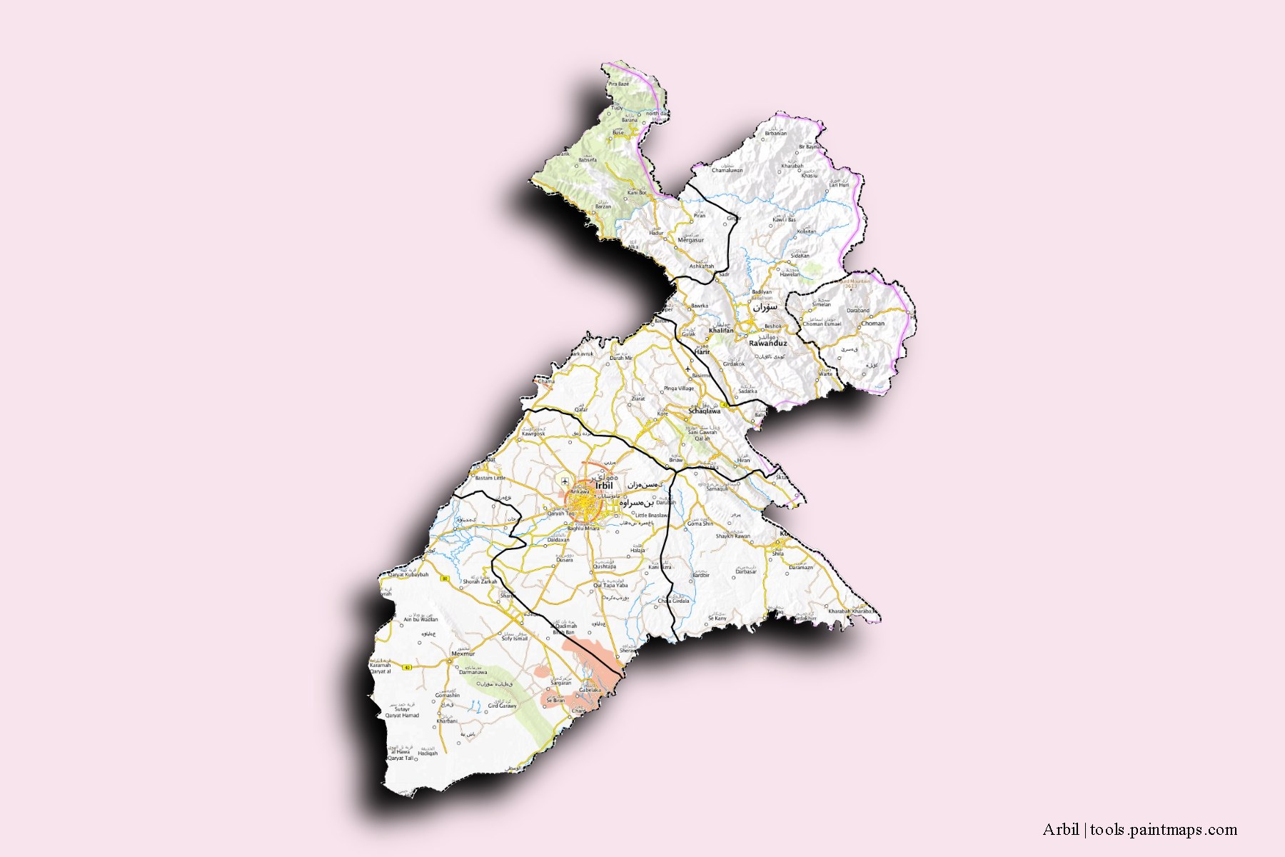 3D gölge efektli Erbil ili ve ilçeleri haritası