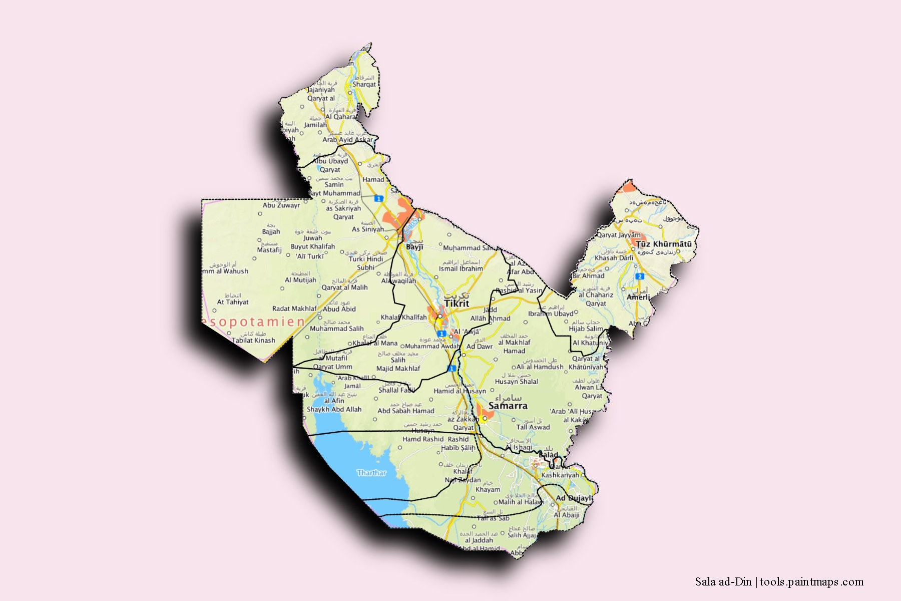 Mapa de Sala ad-Din y sus distritos con efecto de sombra 3D