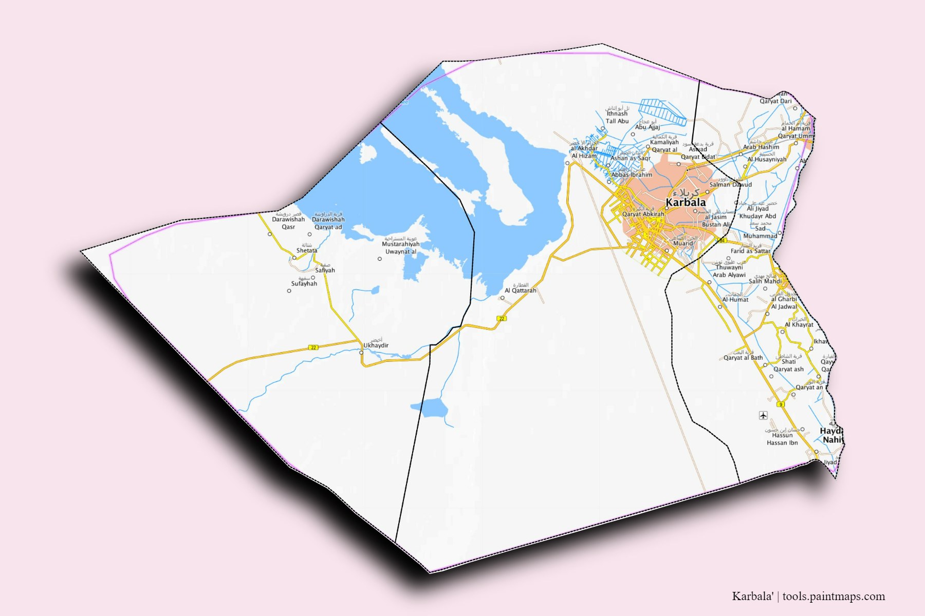 Karbala' and counties map with 3D shadow effect