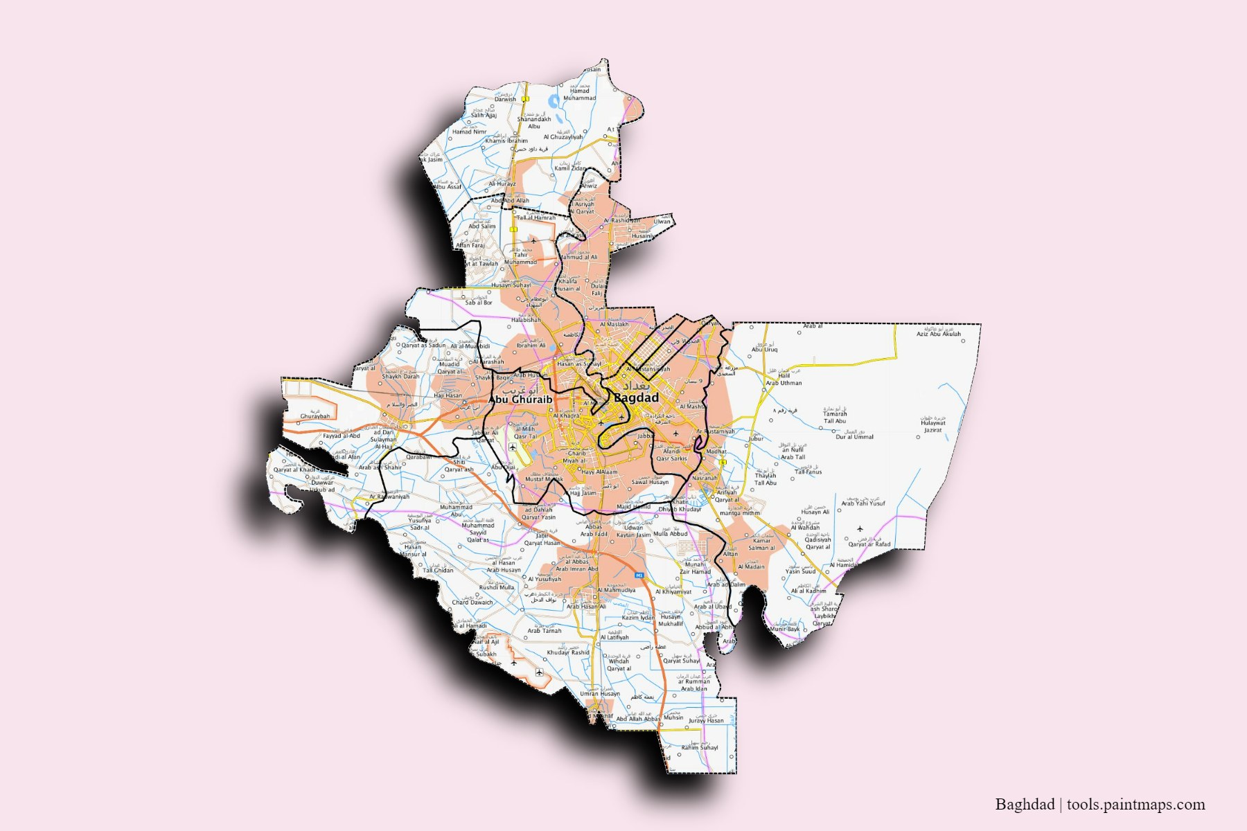 3D gölge efektli Bağdat ve ilçeleri haritası