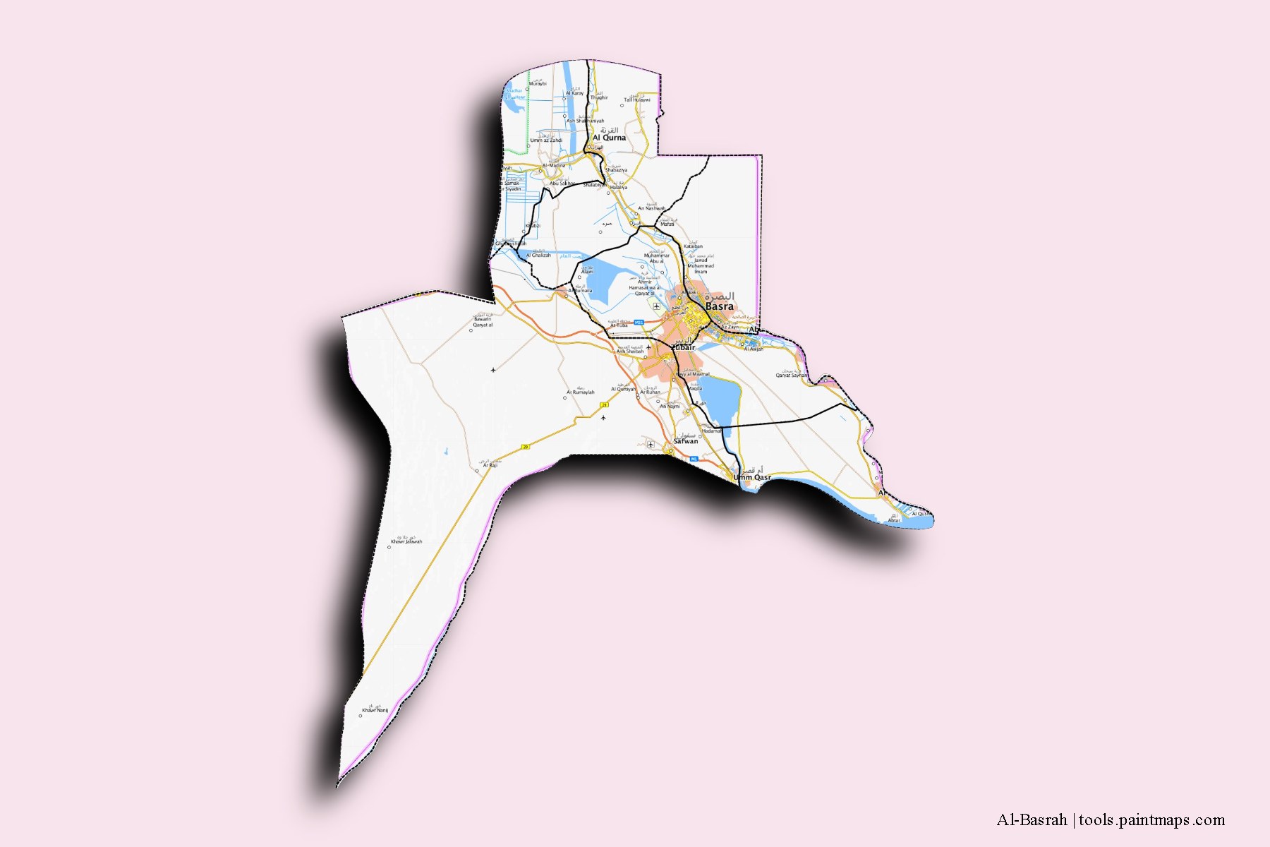 3D gölge efektli Al-Basrah ve ilçeleri haritası