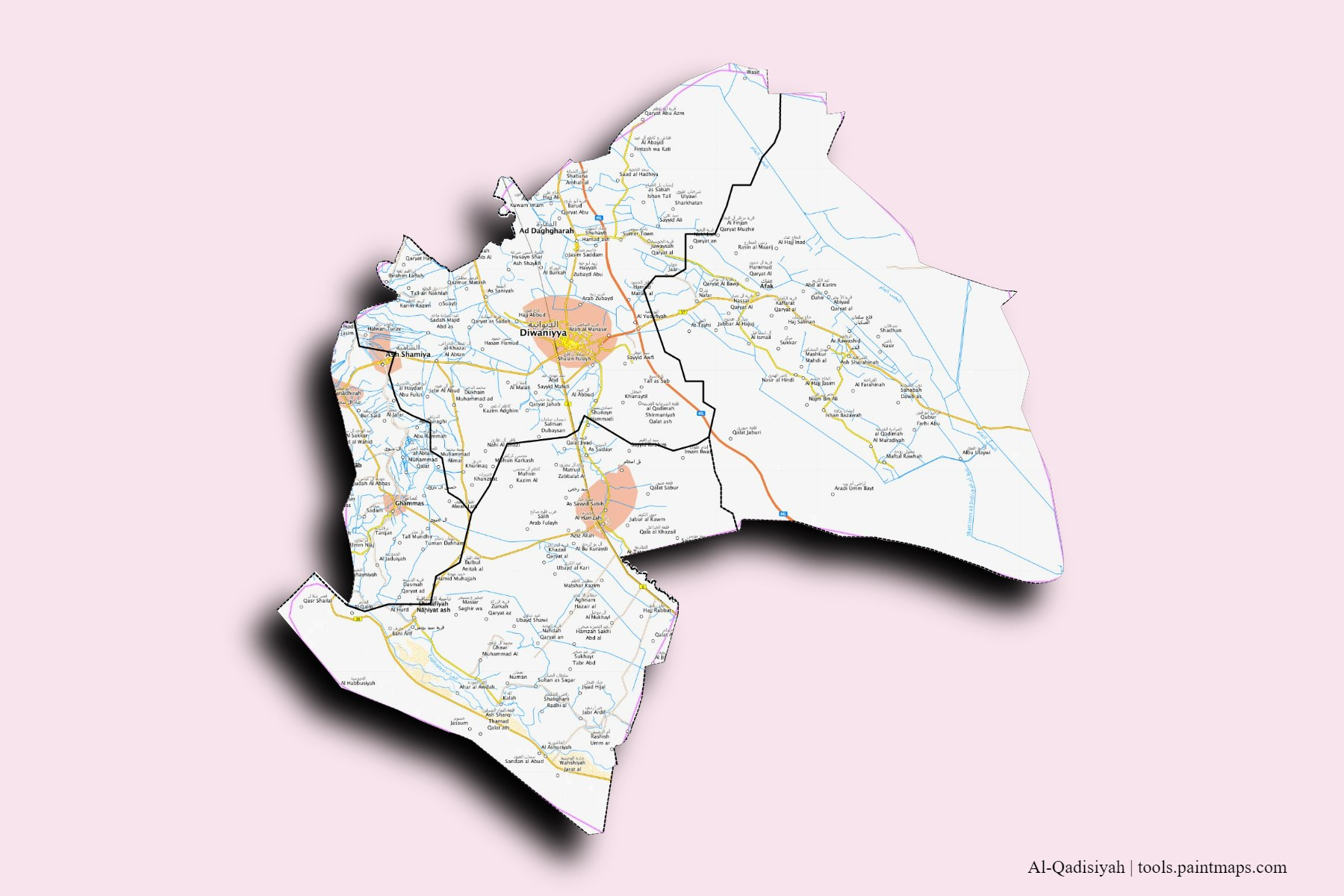 Mapa de Al-Qadisiyah y sus distritos con efecto de sombra 3D