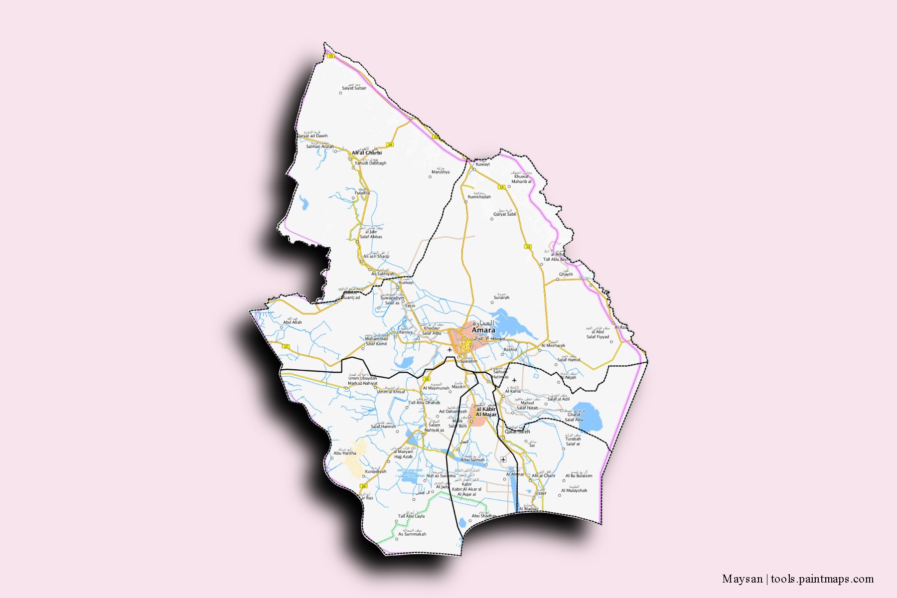 Maysan and counties map with 3D shadow effect