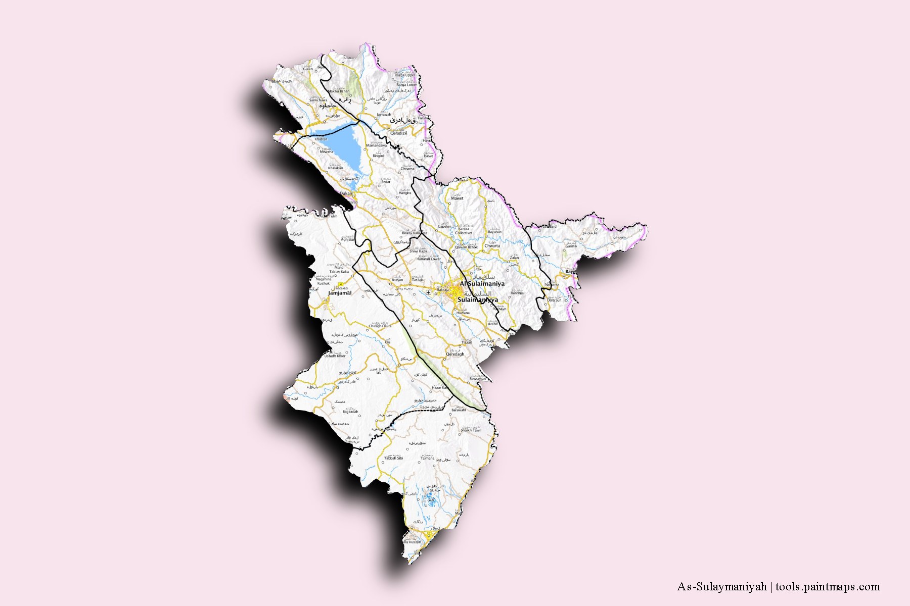 As-Sulaymaniyah and counties map with 3D shadow effect