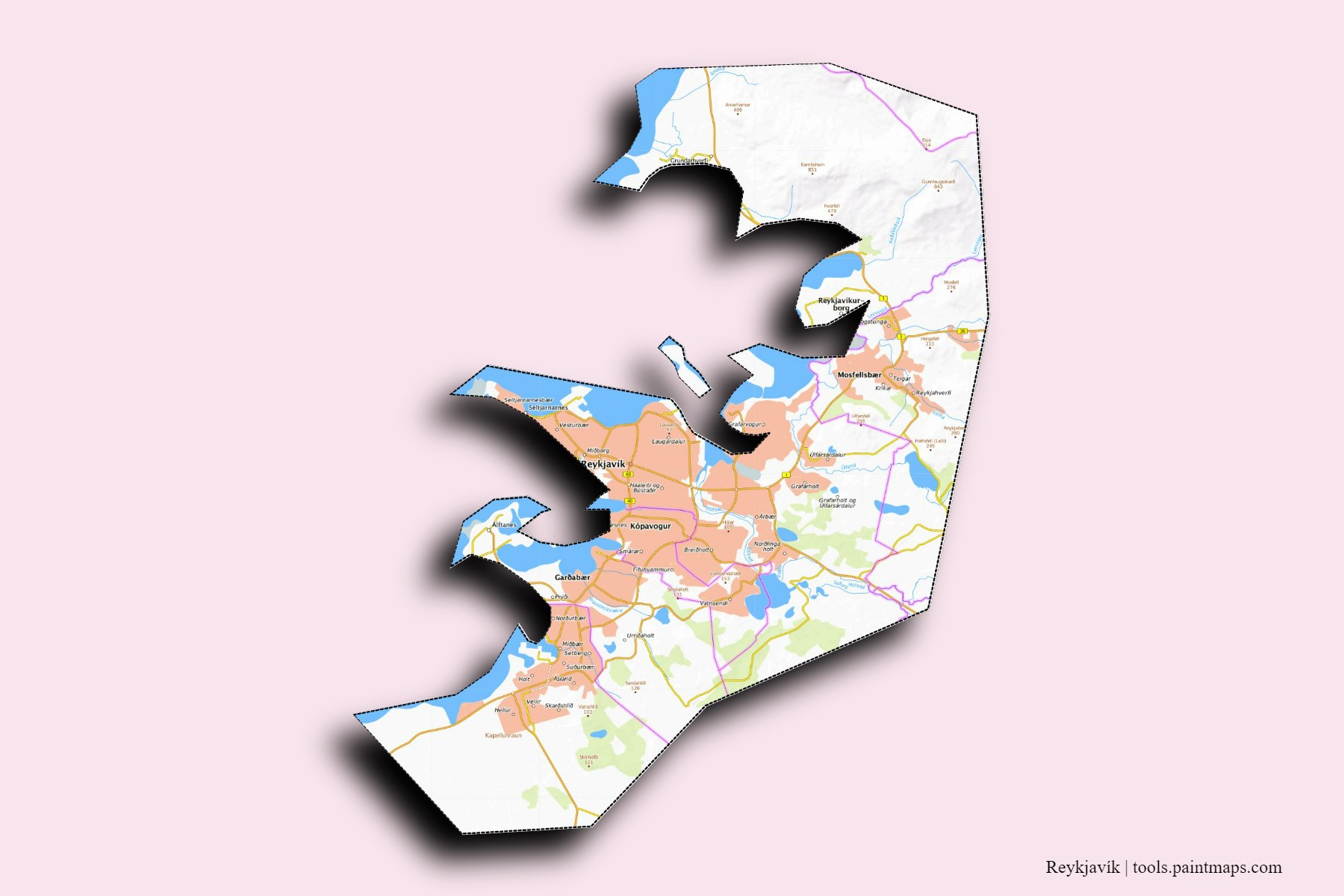 Capital Region and counties map with 3D shadow effect