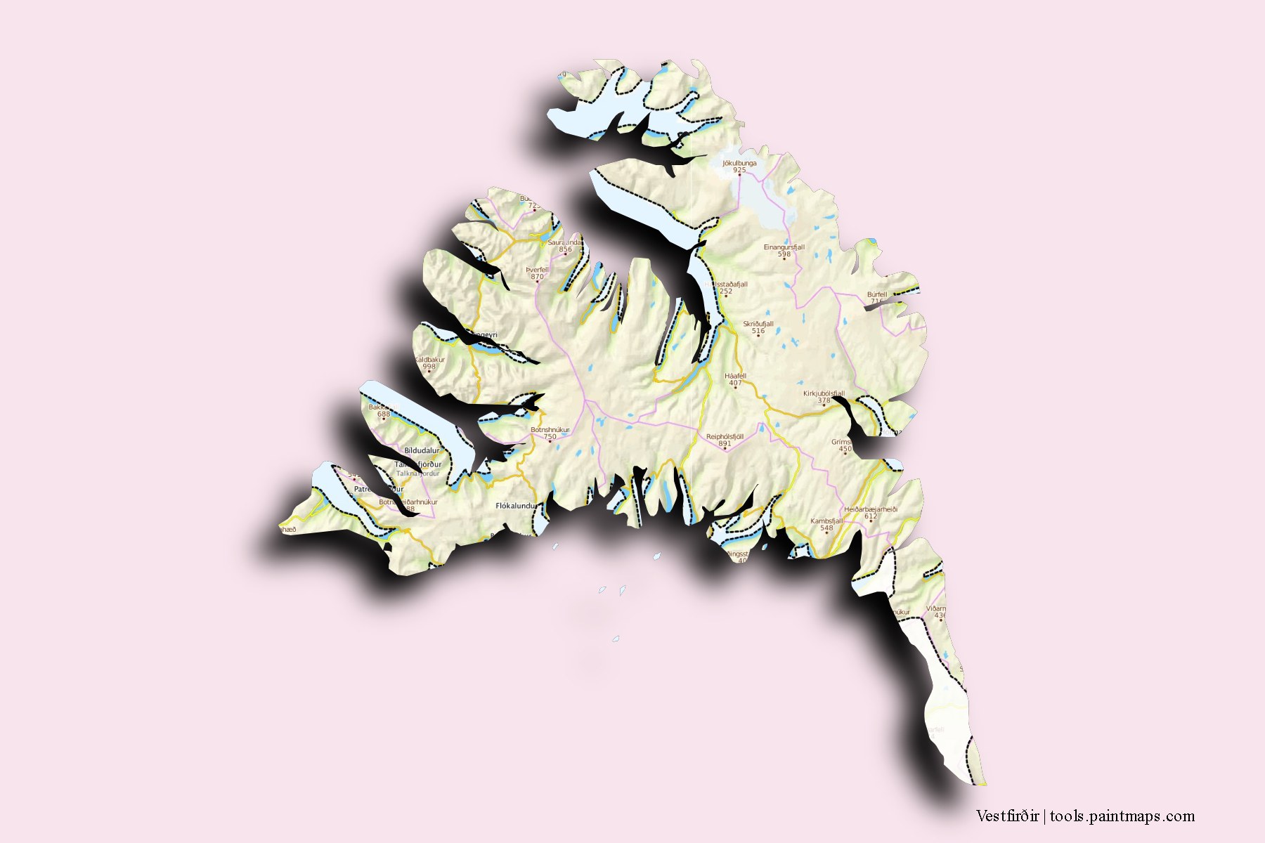 Westfjords and counties map with 3D shadow effect