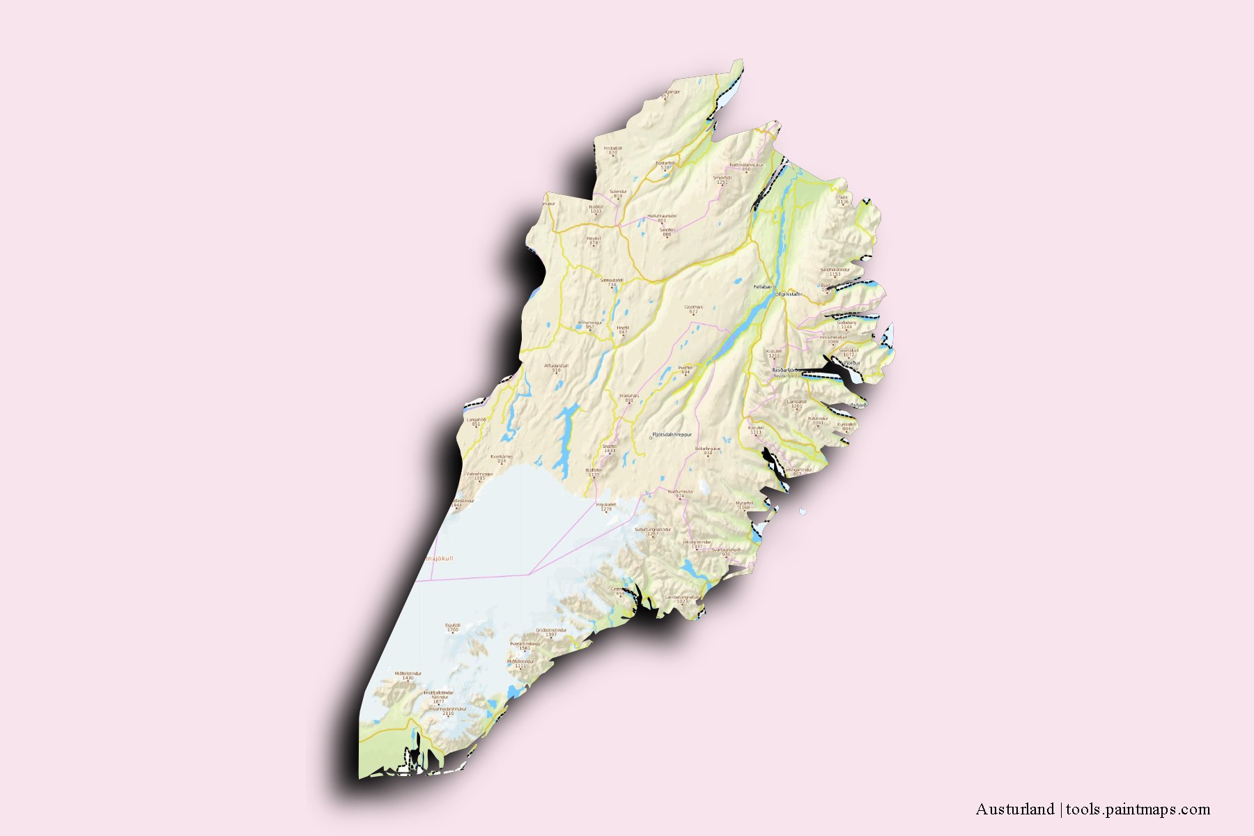 Austurland and counties map with 3D shadow effect