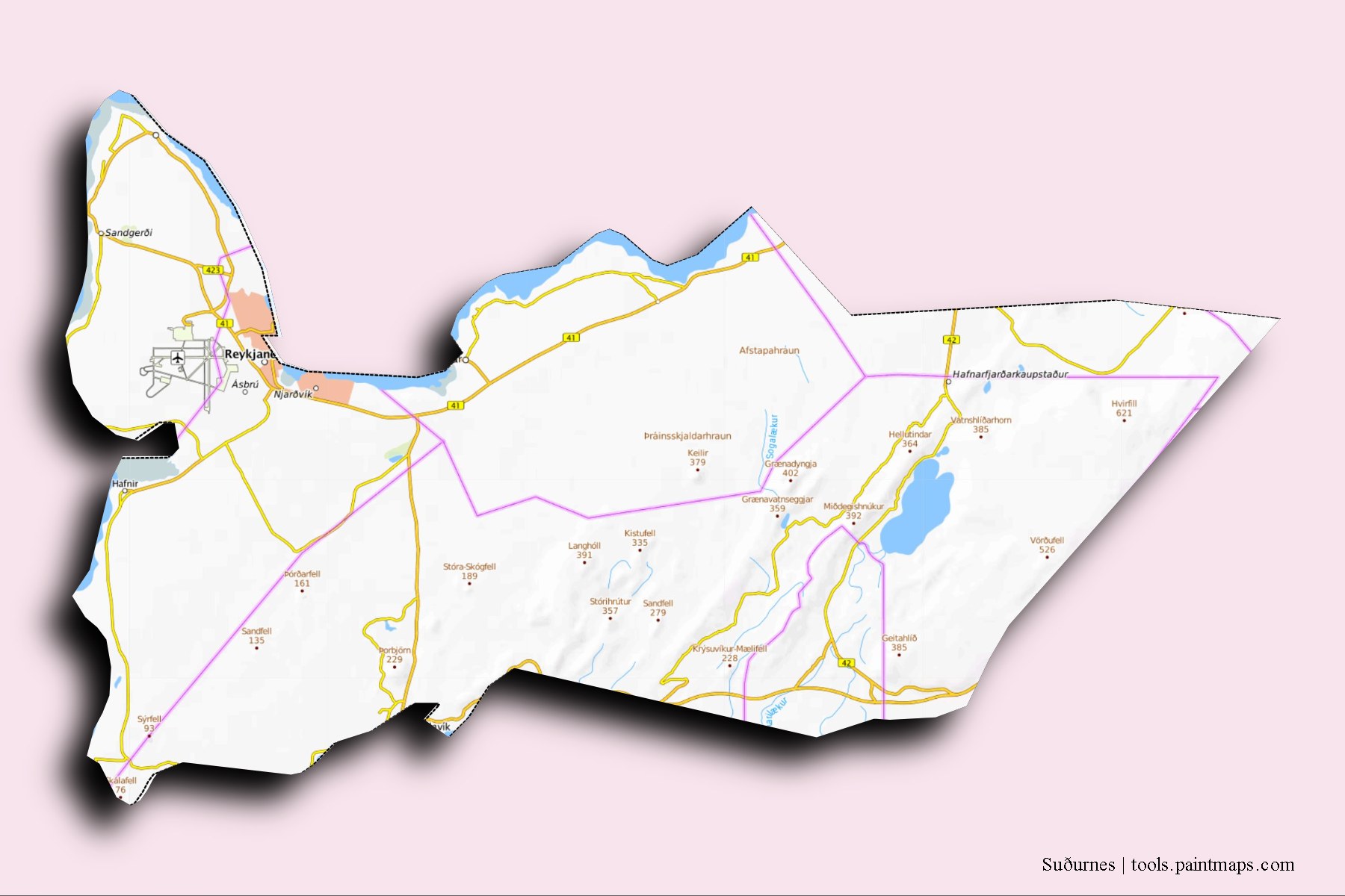 Mapa de Suðurnes y sus distritos con efecto de sombra 3D