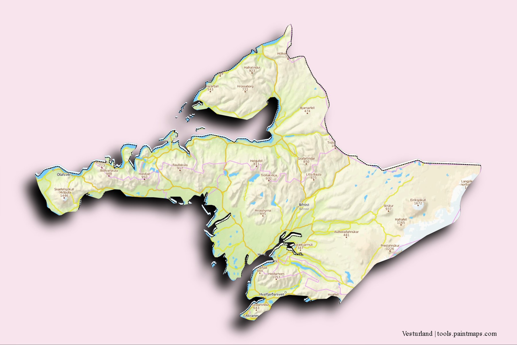 Mapa de Vesturland y sus distritos con efecto de sombra 3D