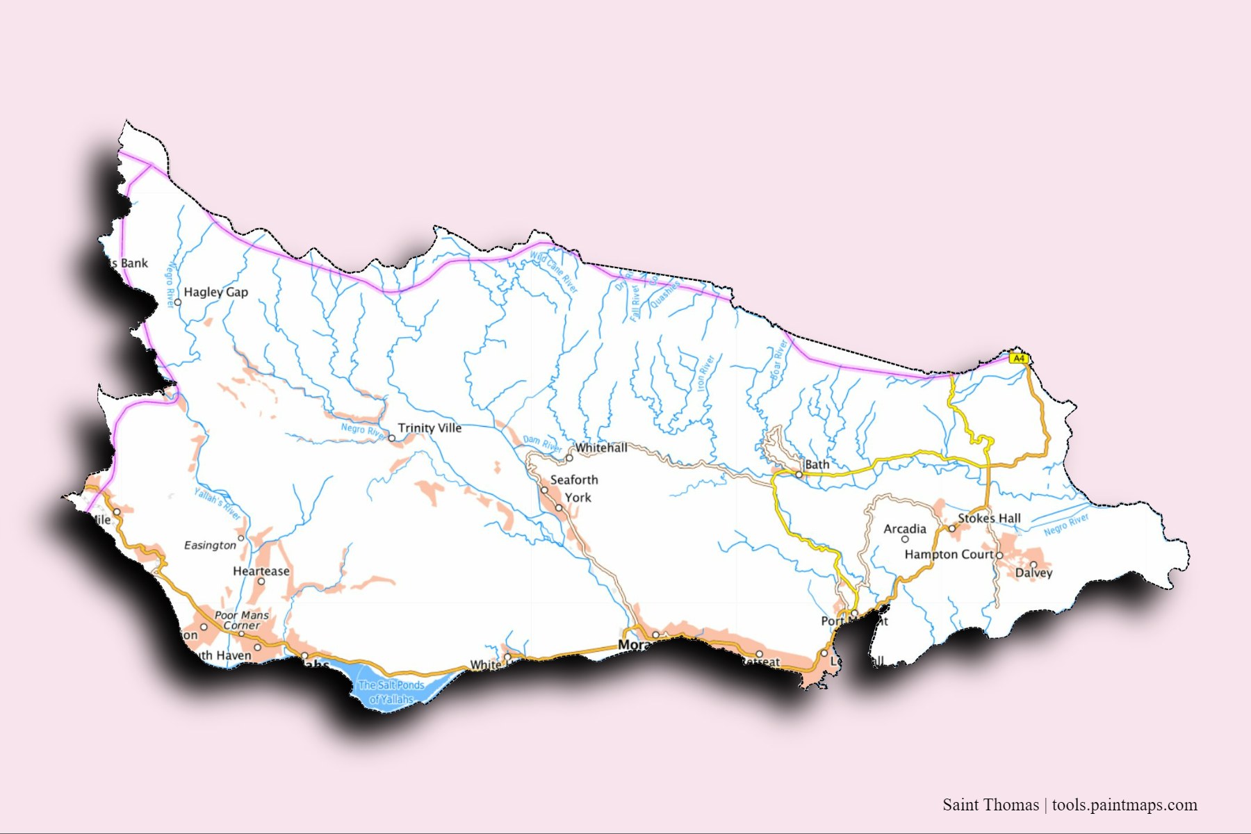 Saint Thomas and counties map with 3D shadow effect