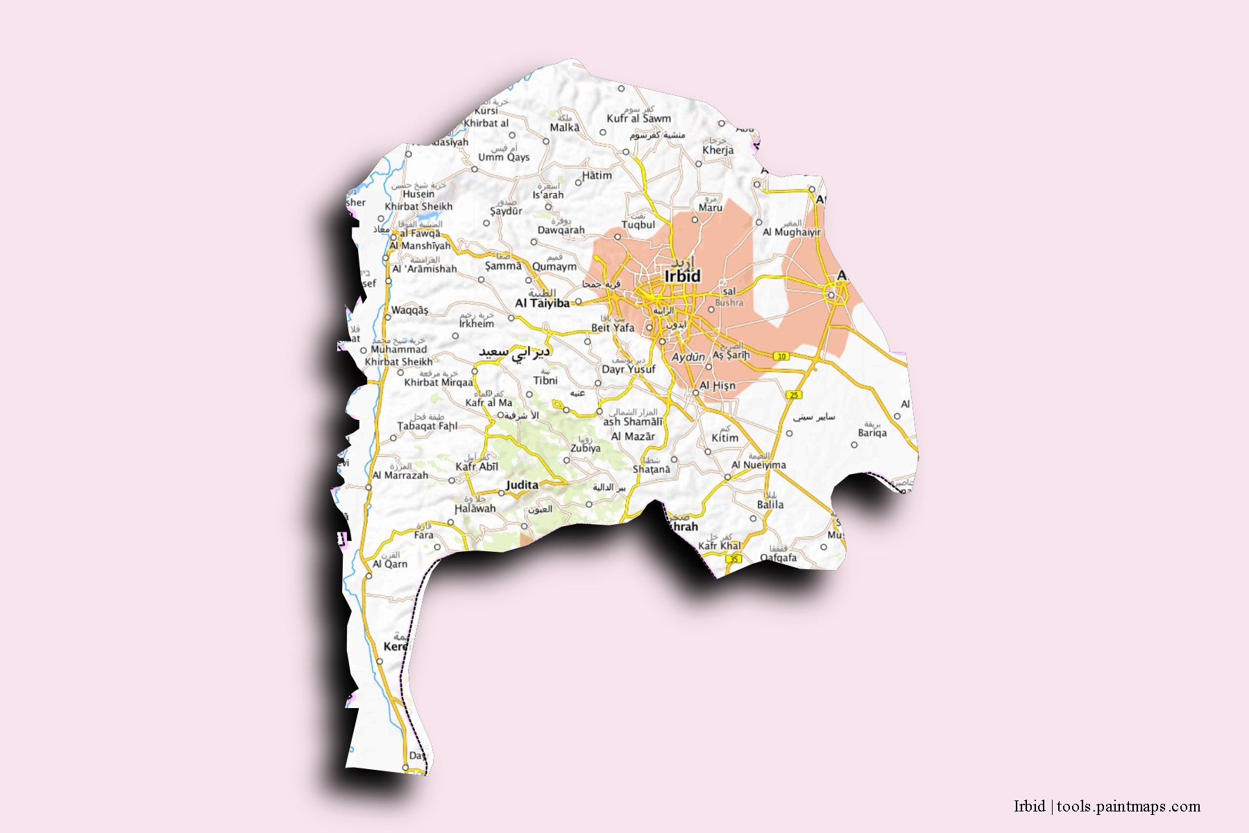 3D gölge efektli Irbid Yönetimi ve ilçeleri haritası